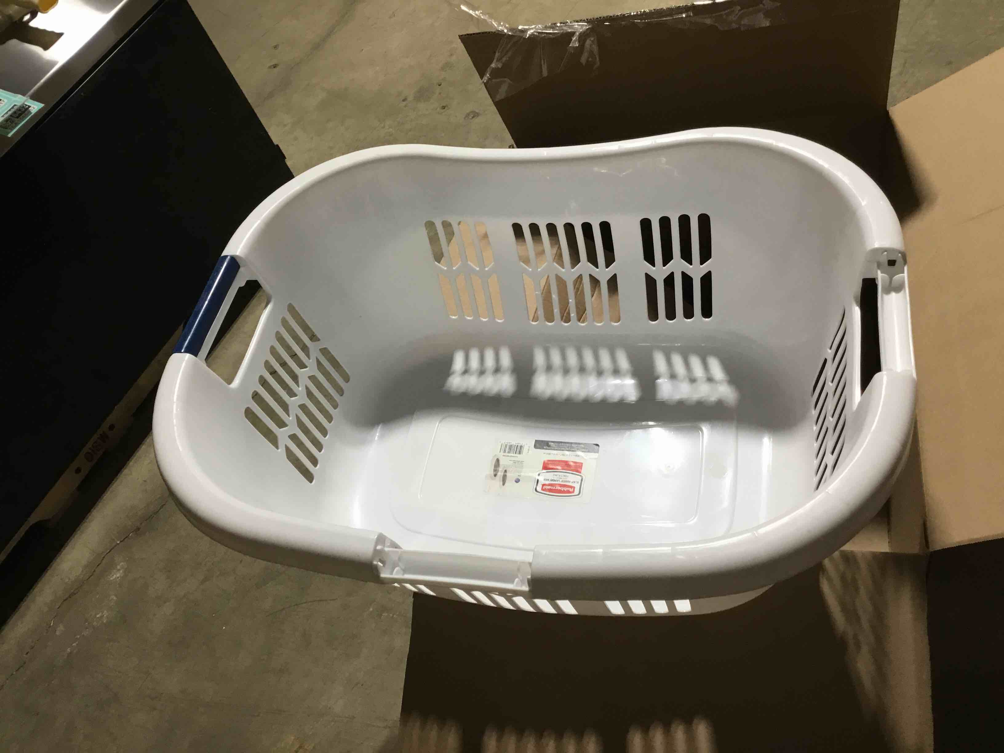 Condition photo showing As Is for rubbermaid laundry basket, xl hip-hugger basket, 2.1-bushel, white, laundry, storage, bathroom, bedroom, home closet clothes basket