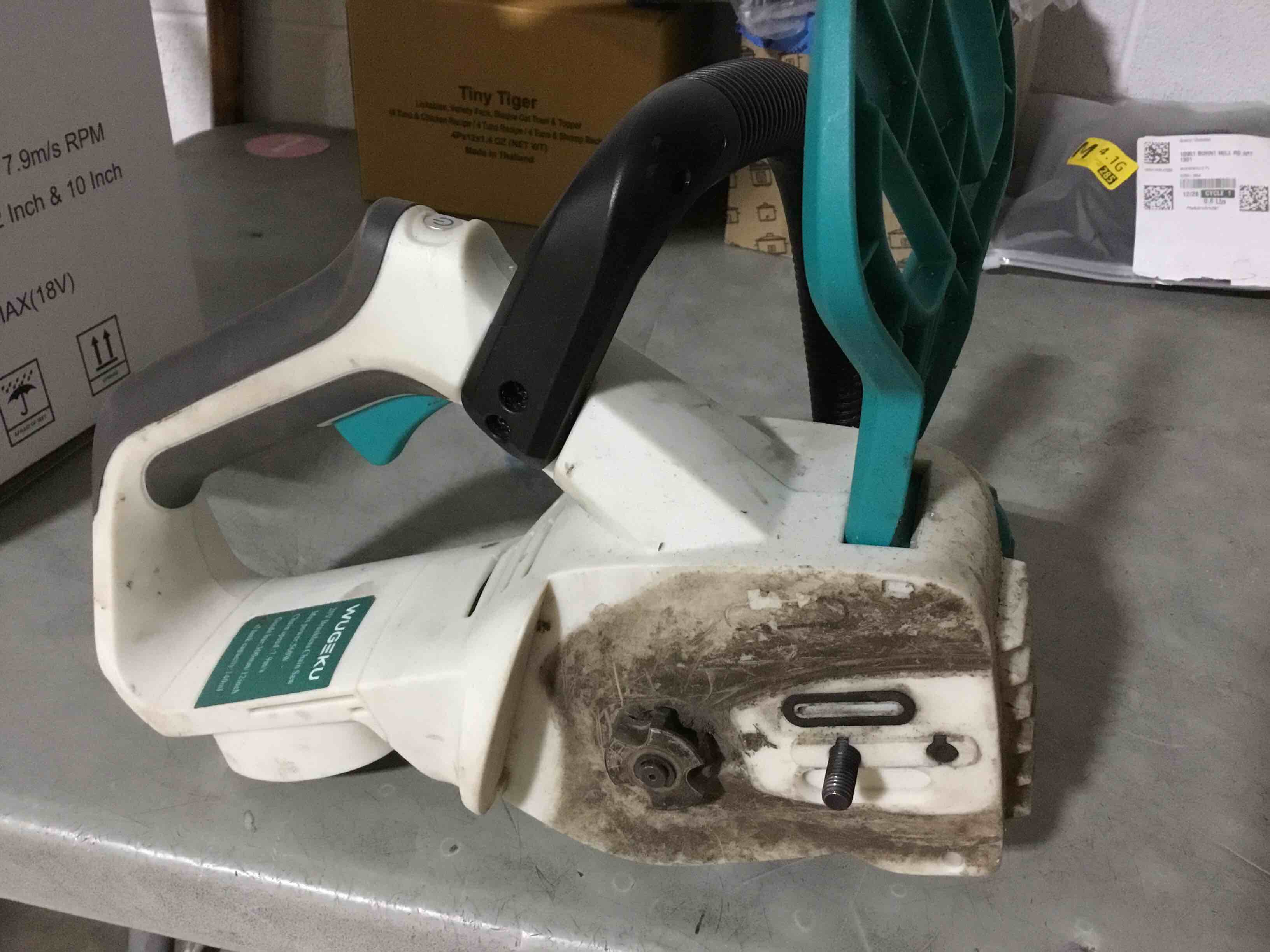 Condition photo showing As Is for (USED AND INCOMPLETE) 12" & 10" Electric Chainsaw Cordless, 20V Brushless Battery Chainsaws with 2 x 4.0AH Batteries - 4 x Chains, Auto Oiler, Tool-Free Chain Tension, Safety Lock 12&10IN 2Batt