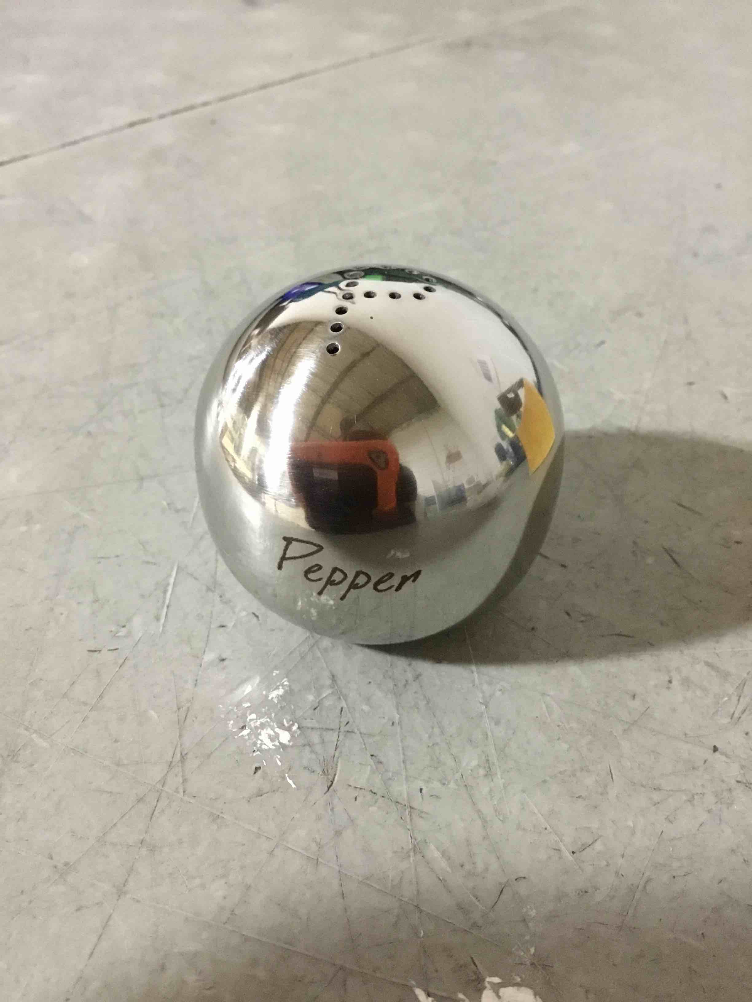 Condition photo showing New/Like New for (THEY ARE VERY SMALL AND ARE IN THE FORM OF A SPHERE) (SIMILAR)Juvale 2 Ounce Stainless Steel Metal Salt and Pepper Shakers for Kitchen Counter, Dinner Table, Condiments, and Cooking, Refillable, Perforated S and P Caps (3.5 in)