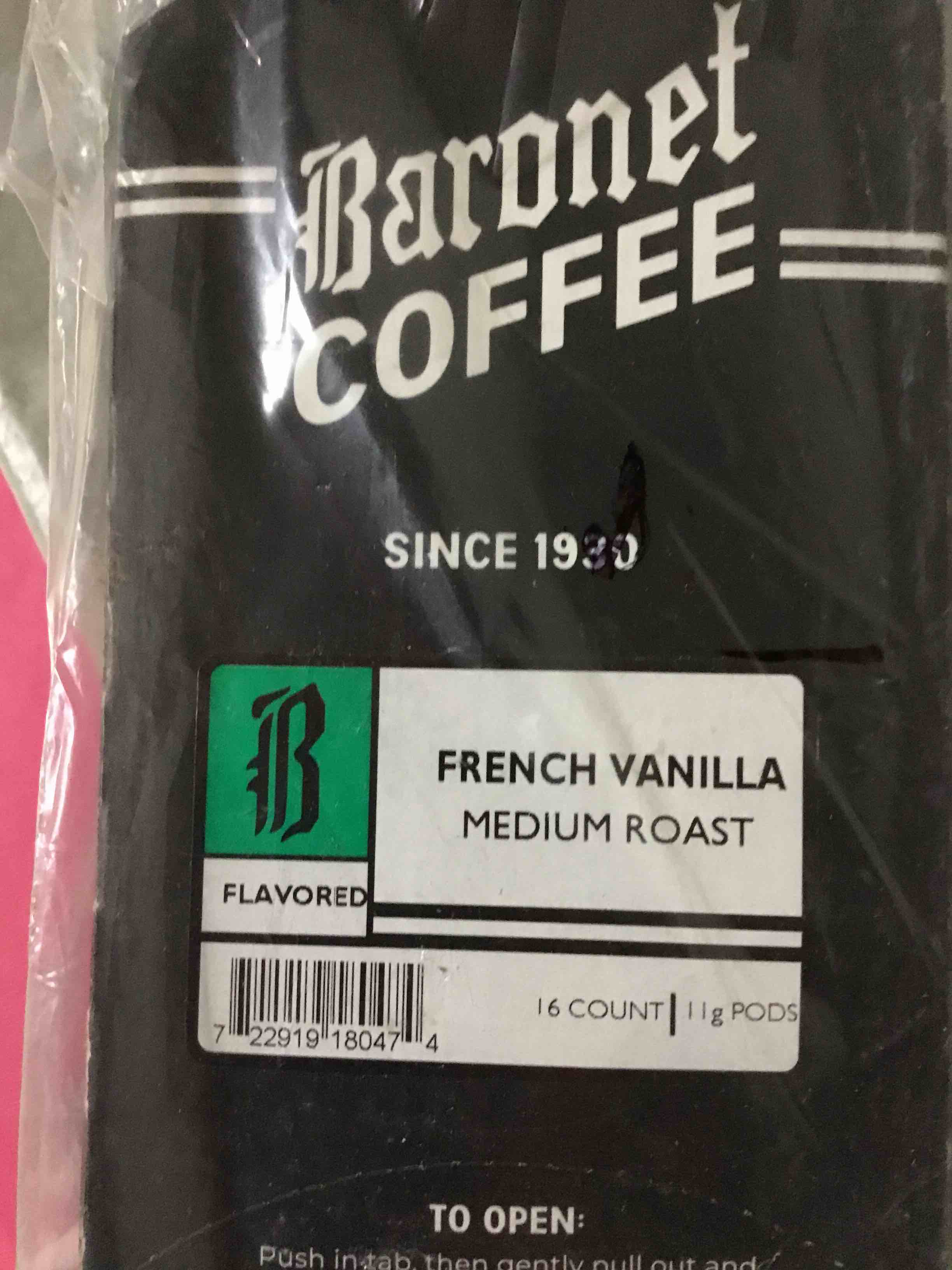 Condition photo showing New/Like New for ((UNKNOWN EXPIRATION DATE))Baronet Coffee Pods [French Vanilla -16 Pods] Single Cup Soft 11 Gram Coffee - 1 Boxes of 16 Single Serve 11 Gram, Medium Roast, Kosher, Vegan [French Vanilla] French Vanilla 16 Count