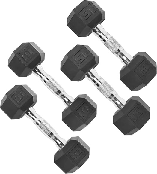 fitvids rubber coated hex dumbbell weight sets 10-15 lbs 2 pairs dumbbell 50lbs black 