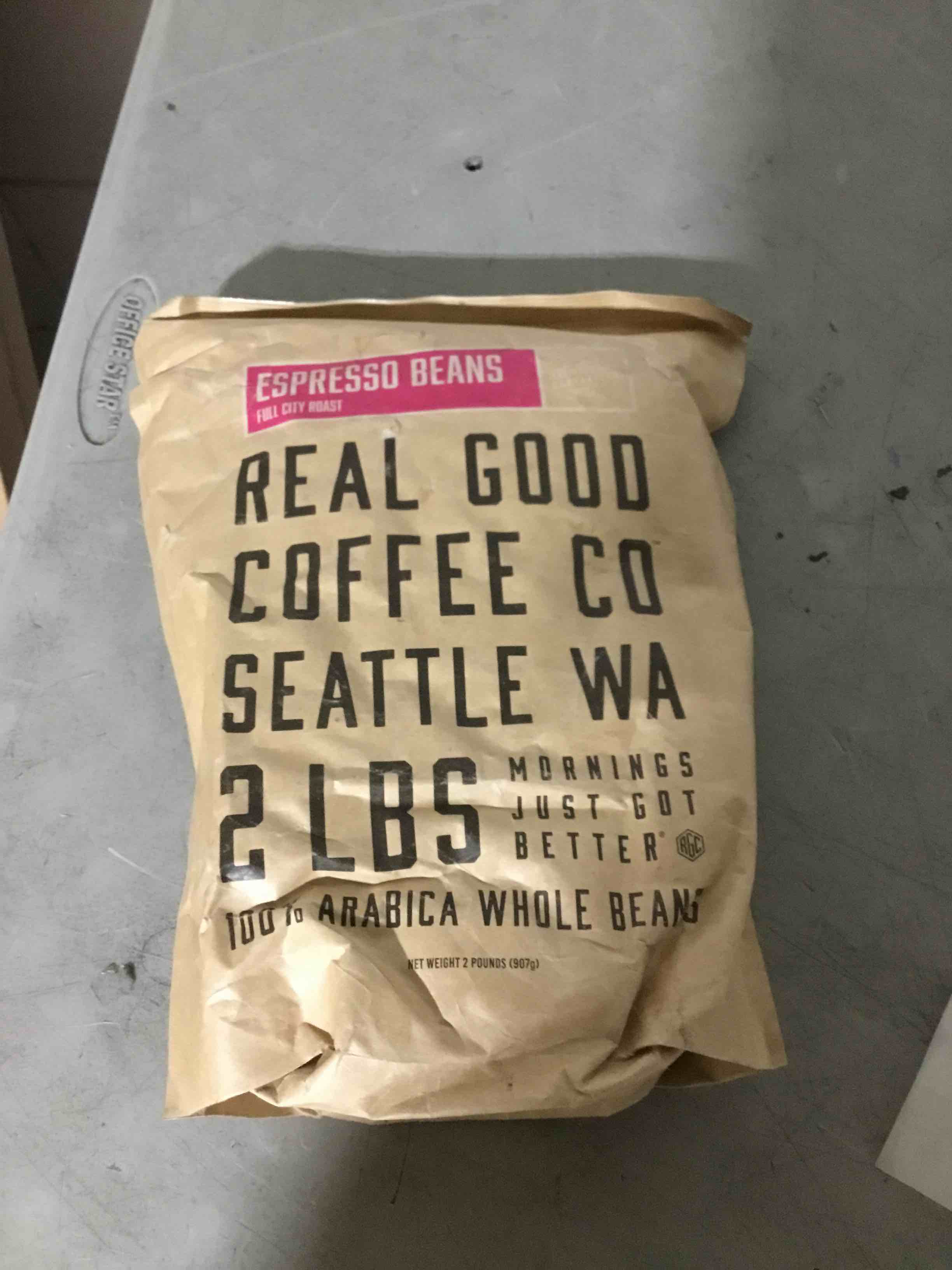 Condition photo showing New/Like New for Best by 01/27/26 ) Real Good Coffee Company - Whole Bean Coffee - Full City Roast Espresso Coffee Beans - 2 Pound Bag - 100% Whole Arabica Beans - Grind at Home, Brew How You Like