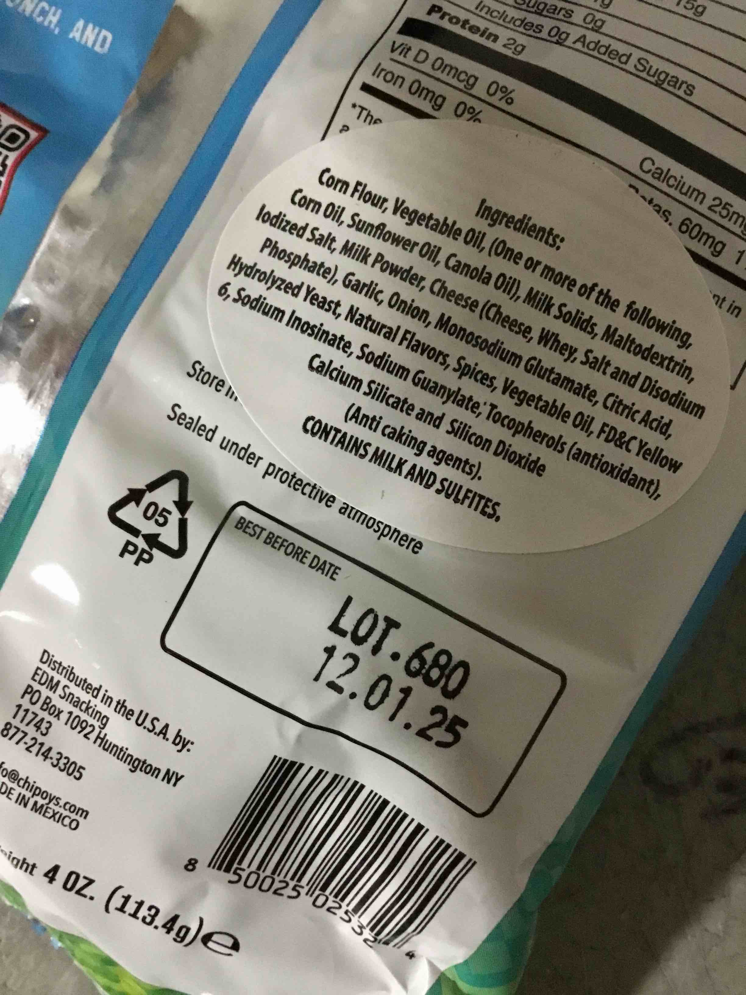 Condition photo showing Good Condition for Best Buy 12/01/25 case of 8 Chipoys Spicy Classic Ranch Rolled Corn Tortilla Chips, 4oz bags Gluten-Free, No Trans Fat, High Protein, Low-Calorie Flavorful Mexican Snacks, Made of Premium Crunchy Maiz Chips with Natural Ingredients