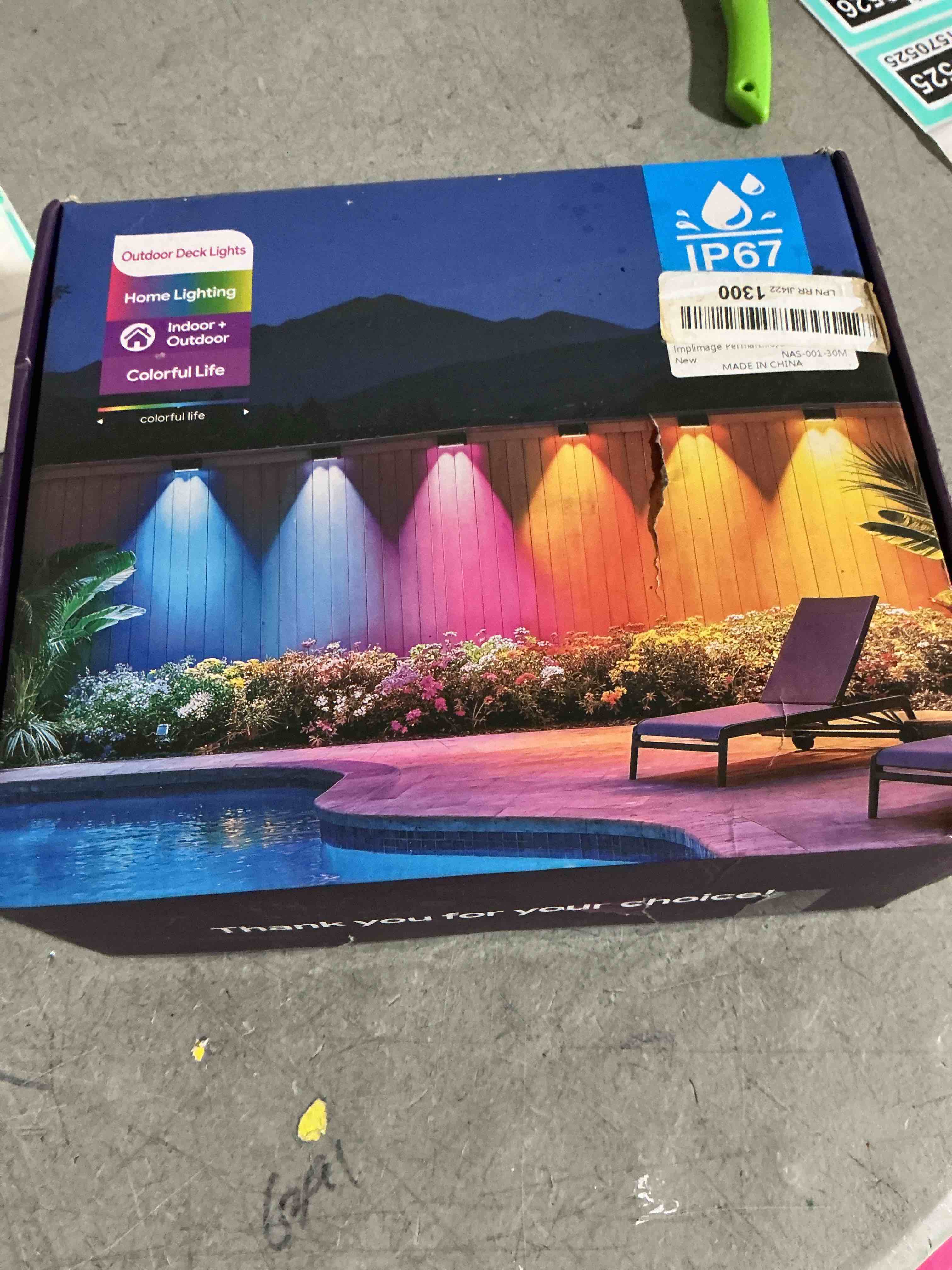 Condition photo showing As Is for outdoor fence lights plug in, 100ft rgbic led fence lights, app & remote control, 100 scene modes, ip67 waterproof outdoor lights for backyard, patio, deck - brighter than solar lights