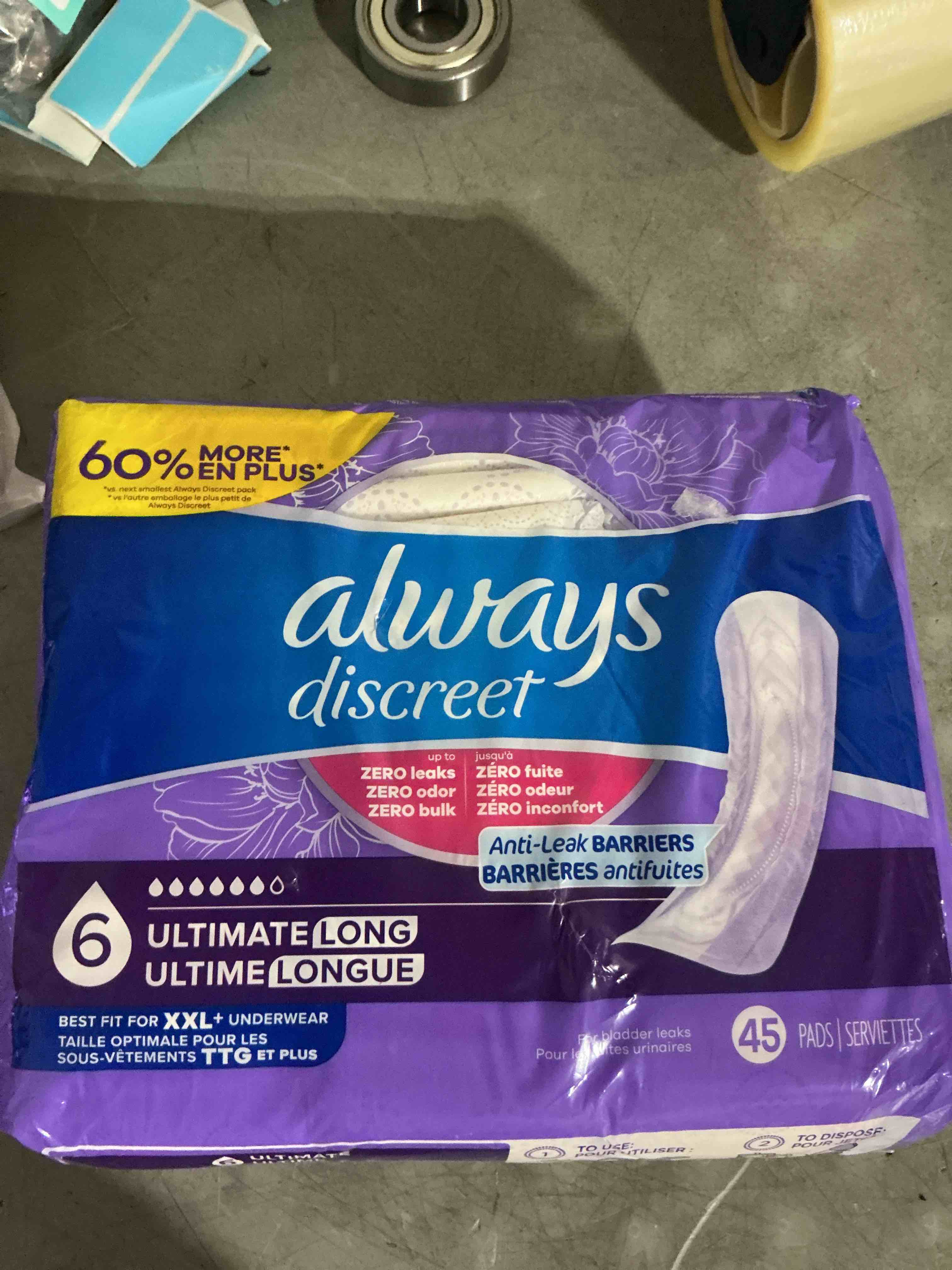 Condition photo showing New/Like New for always discreet adult incontinence pads for women, drier, 6 drop long length, extra heavy absorbency, pads for bladder control management, bladder leaks, & postpartum pads, 45ct long 45