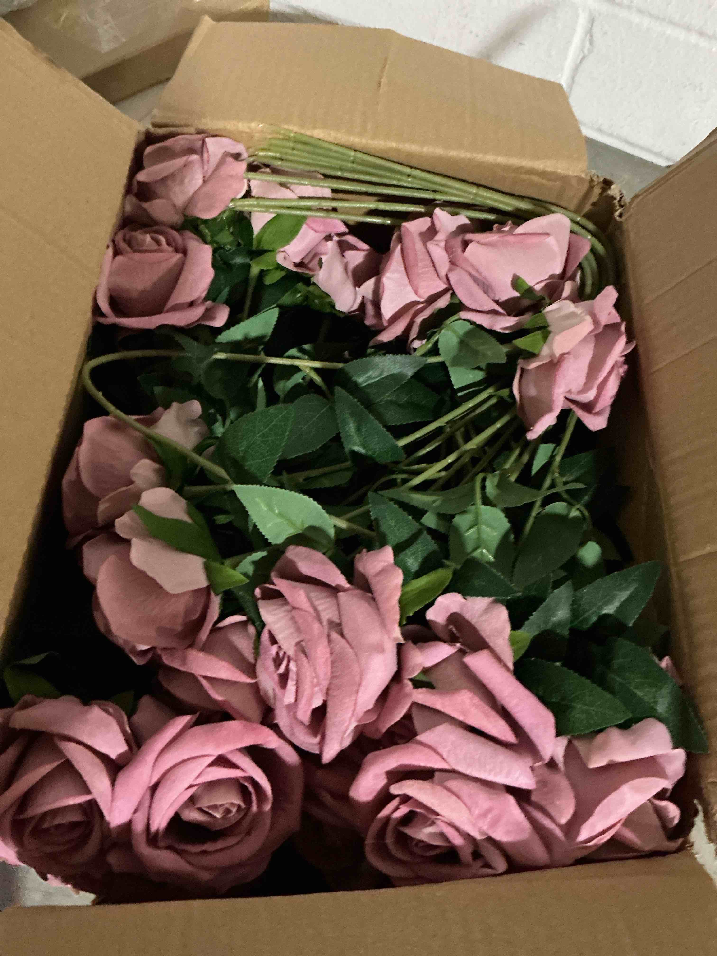 Condition photo showing Good Condition for 50 pcs roses artificial flowers, realistic fake roses with long stems silk flowers for diy wedding bouquet party celebration home bridal baby shower decoration birthday gift for her wife, dusty rose