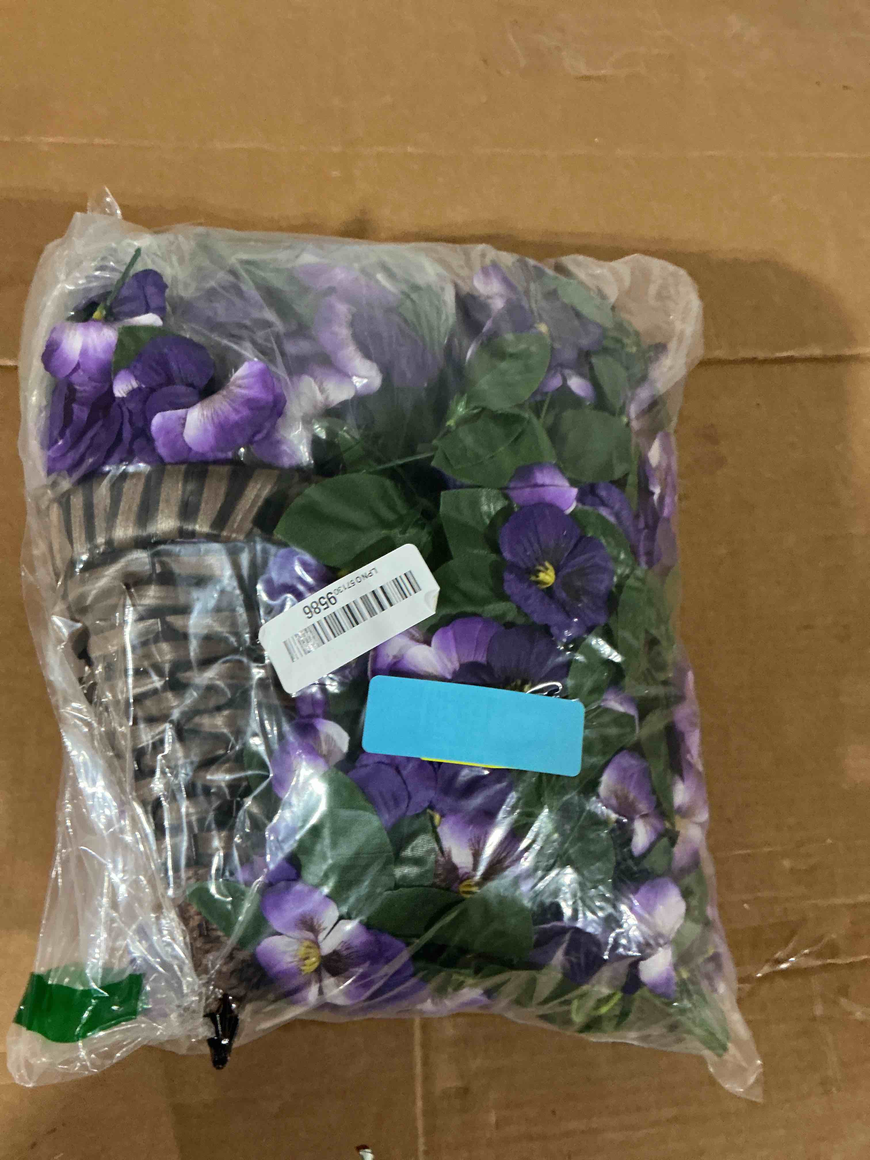 Condition photo showing New/Like New for hyeflora 4pcs artificial flowers for outdoors fake pansy with hanging basket uv resistant silk spring faux flowers for outside front door porch yard (mix purple) mix purple 4pcs with basket