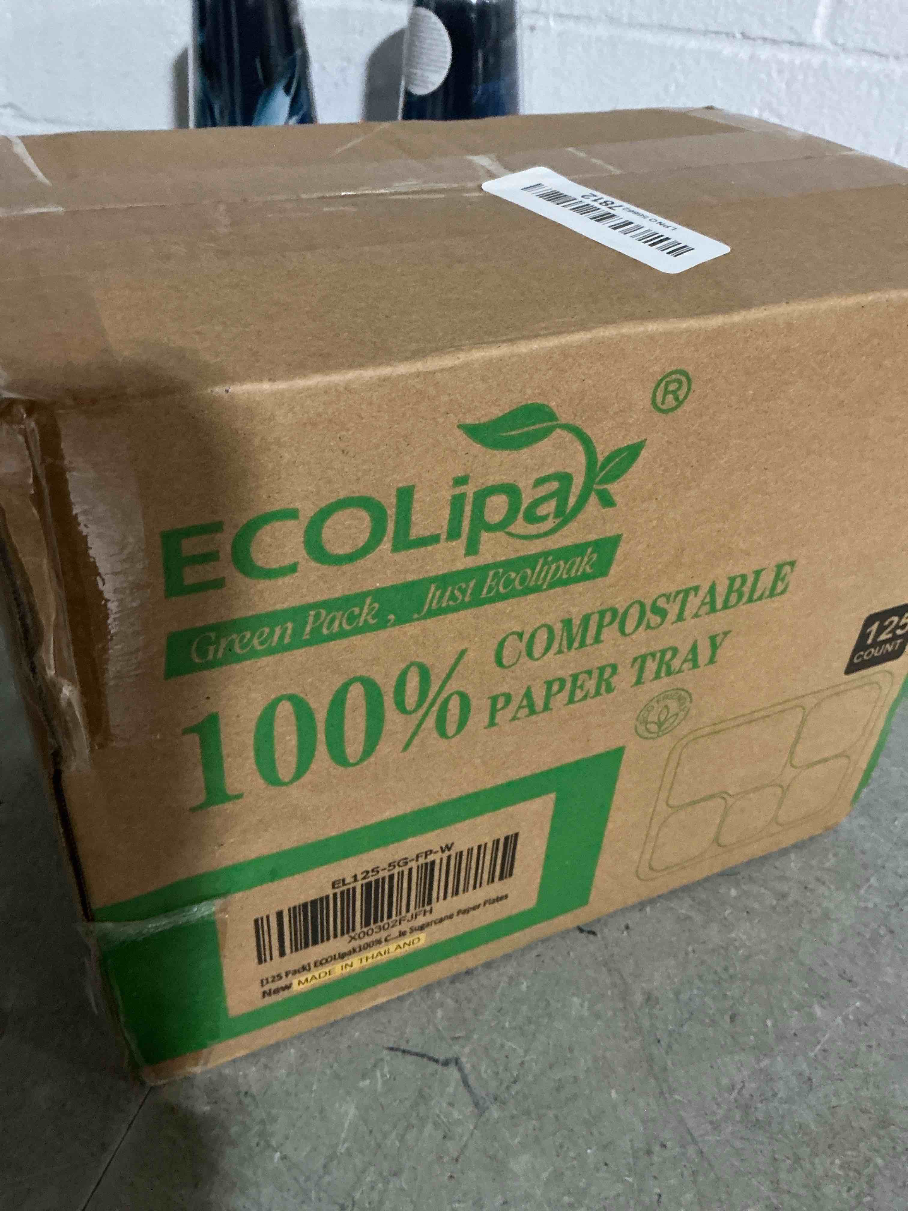 Condition photo showing New/Like New for ecolipak 100% compostable 5 compartment plates, 125 pack disposable paper plates, heavy-duty biodegradable sugarcane plates, eco-friendly school lunch trays 10.25 x 8.25 inch white 125pk