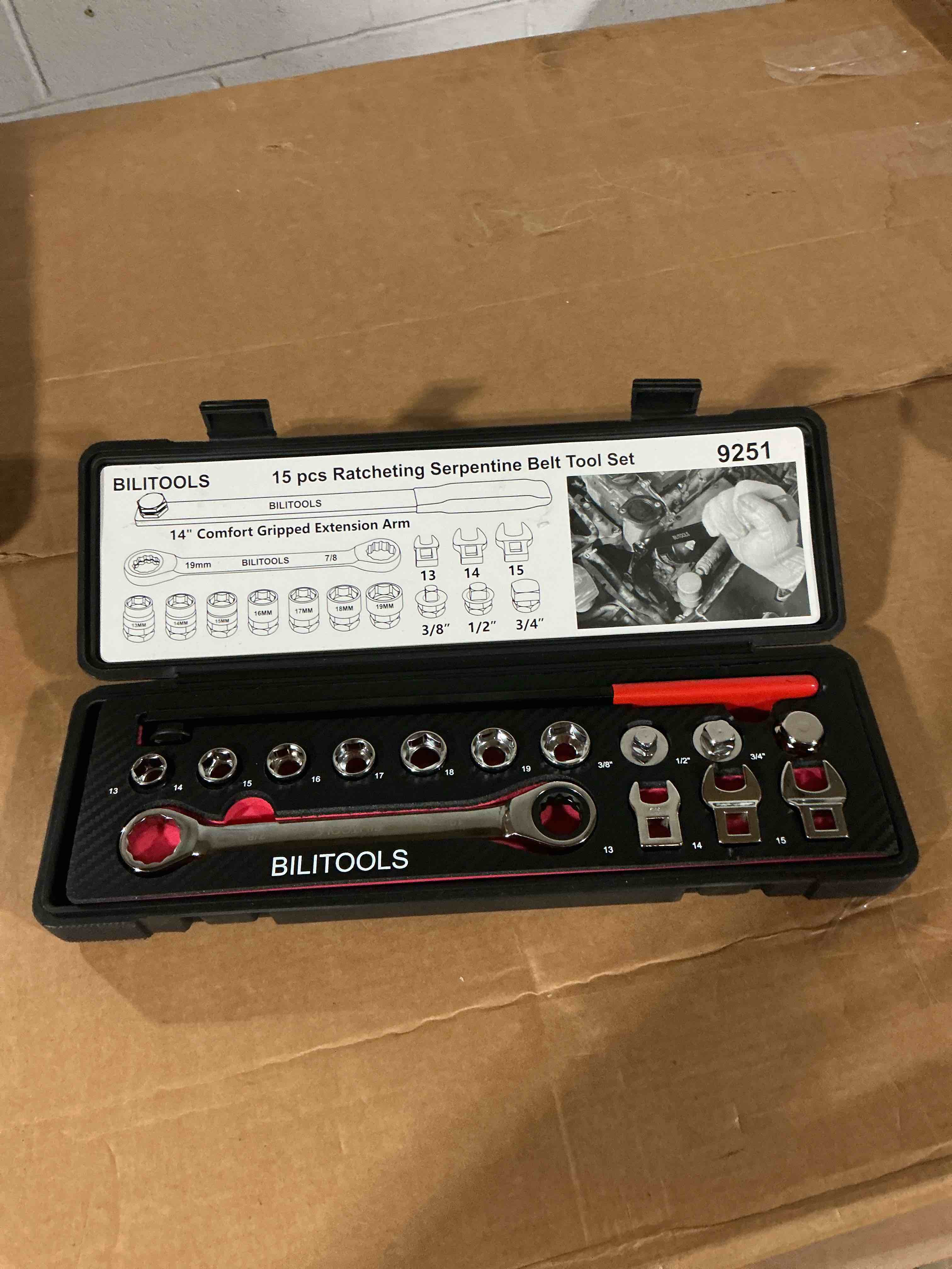 Condition photo showing New/Like New for bilitools 15-piece universal serpentine belt tool set,belt tensioner tool kit with ratcheting wrench, crowfoot wrenches, socket adapters.19 mm and 7/8'' ratchet drive. 19 mm & 22.2 mm
