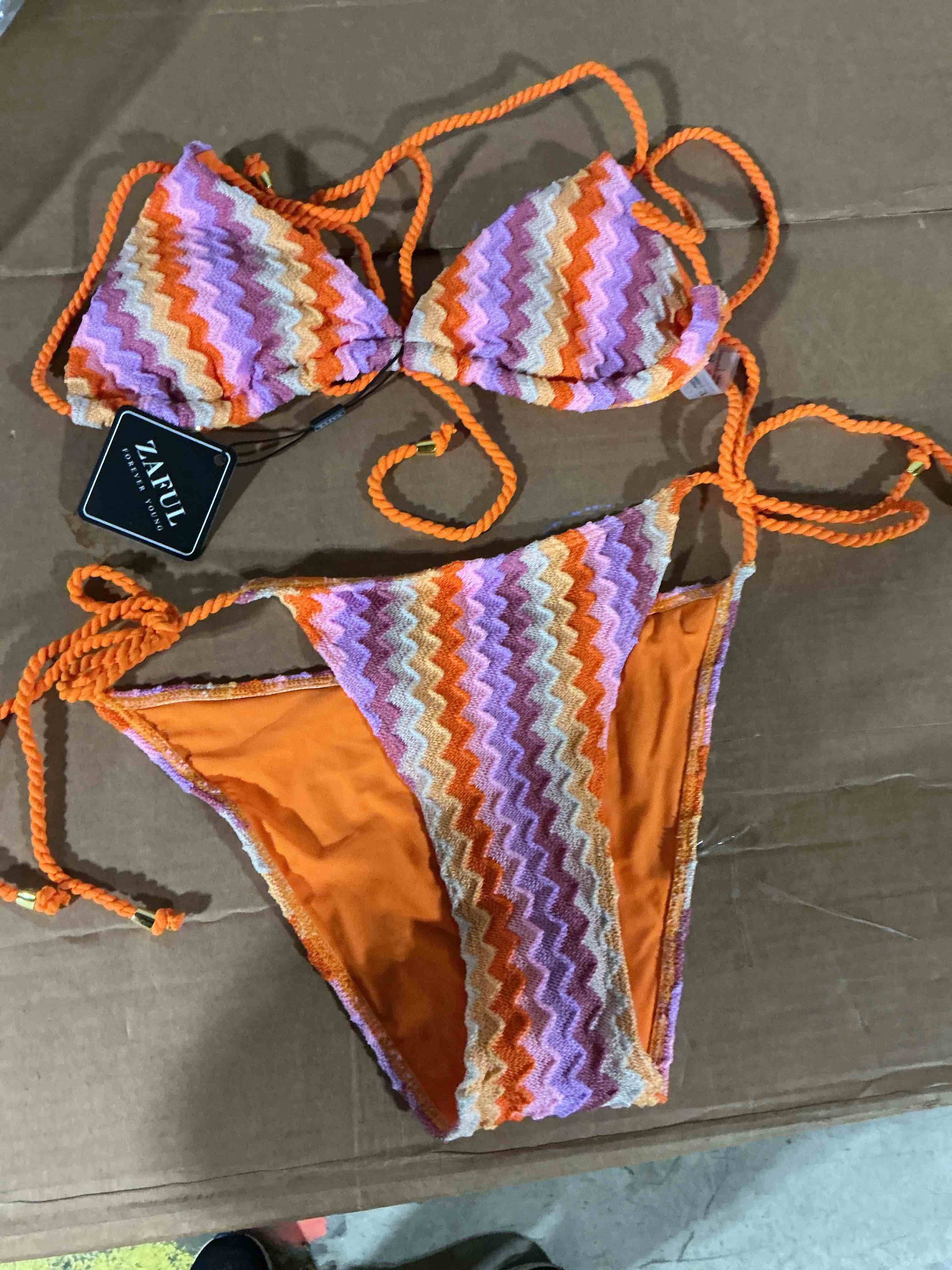 Condition photo showing Good Condition for zaful 2 piece triangle bikini for women knitted rope halter bikini sets sexy bathing suit side tie swimsuits beachwear orange large