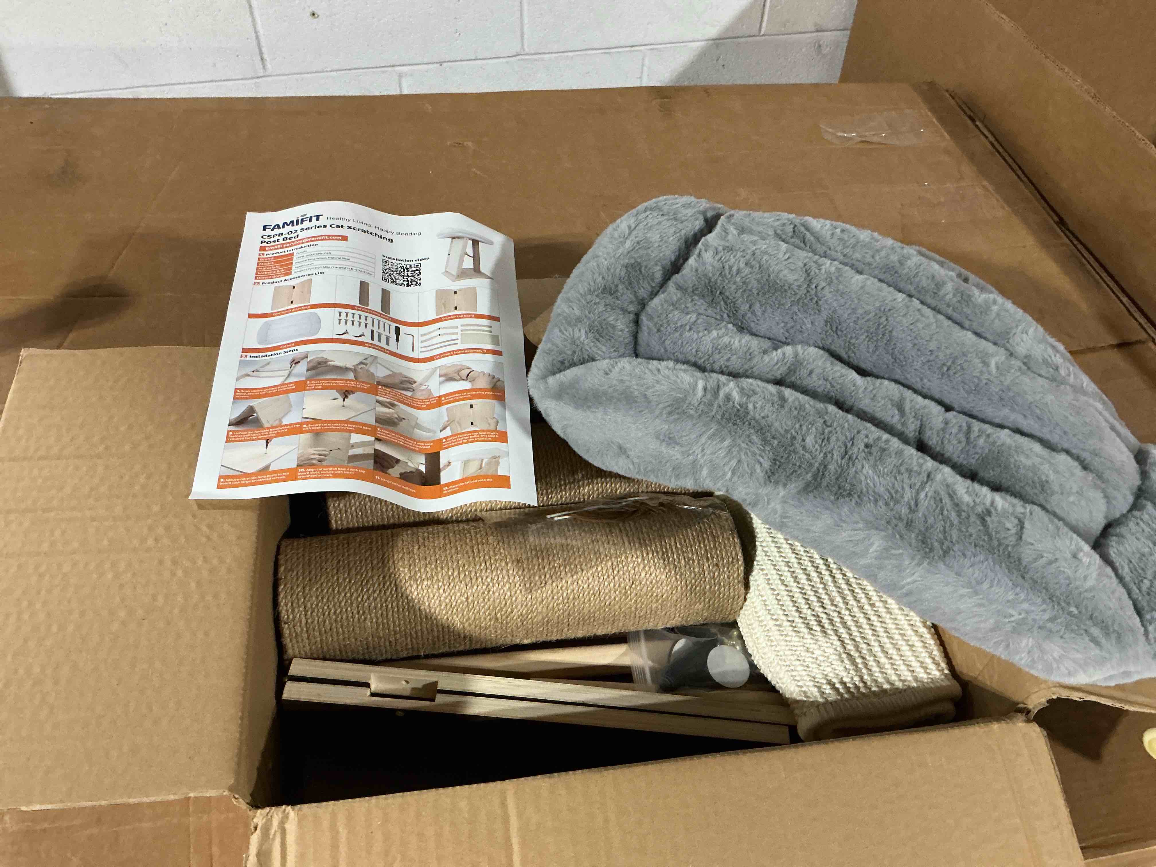 Condition photo showing New/Like New for 27.5" cat scratching post, 3-in-1 multifunctional walnut finish pine wood cat furniture, tall scratch posts with perch&scratcher, boxed with hanging bell toy, medium walnut 27.5"