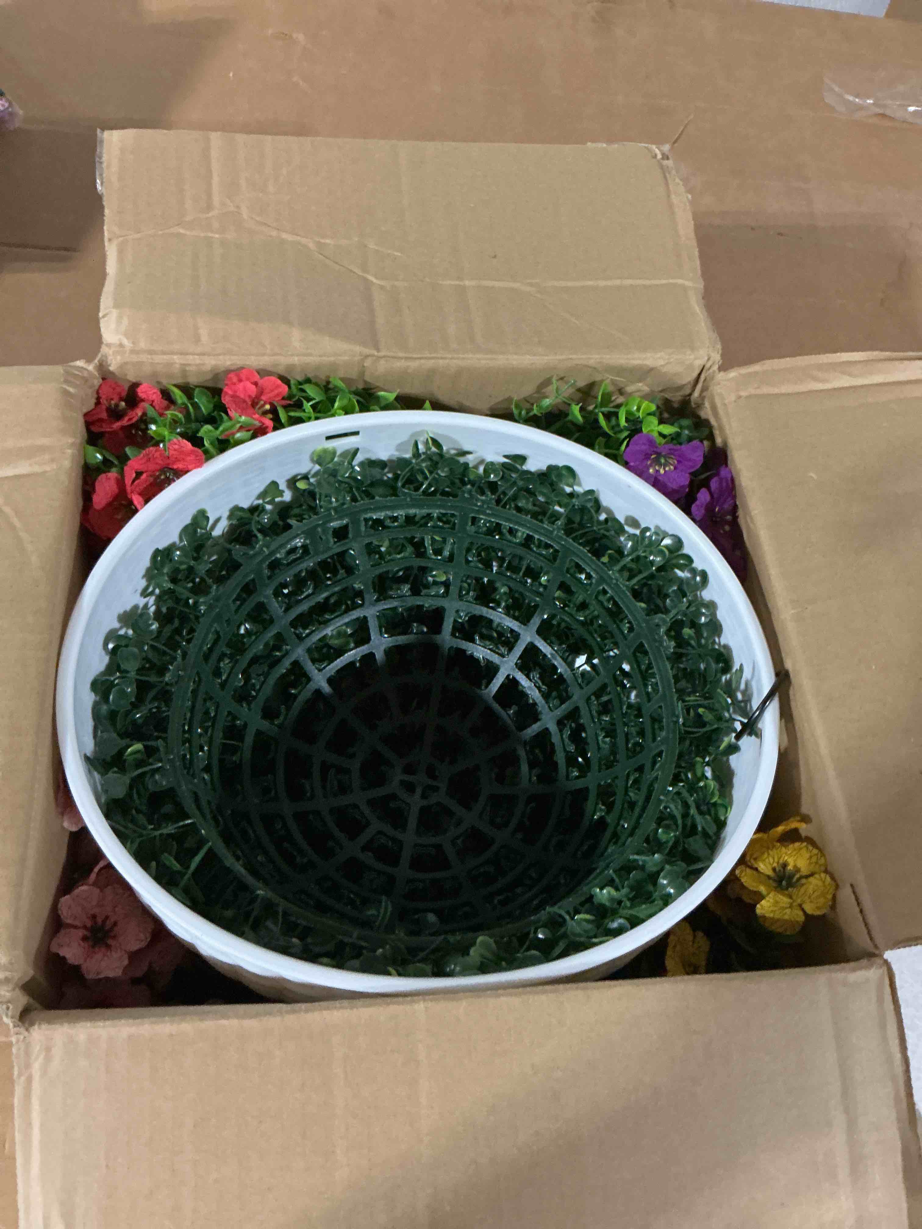 Condition photo showing New/Like New for hyeflora artificial faux hanging flowers plants basket for outdoor outside decoration, fake silk colorful daisy in planter for porch patio garden yard home 6 multicolor