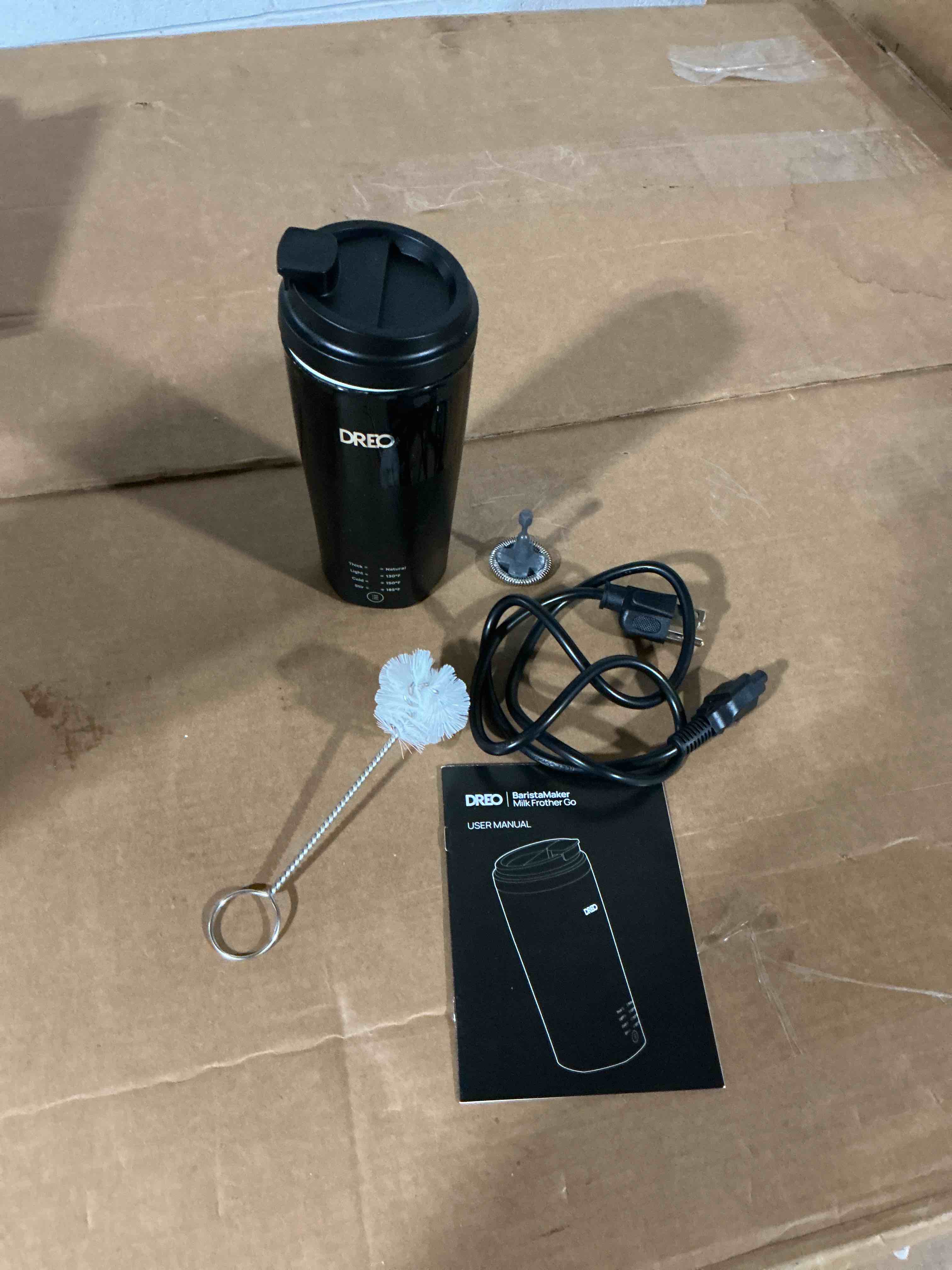 Condition photo showing As Is for dreo milk frother, 4-in-1 electric frother for coffee, hot and cold foam maker for cappuccino, flat-white, latte with plant-based and dairy milk, multi-stage, easy to clean, temperature control, black