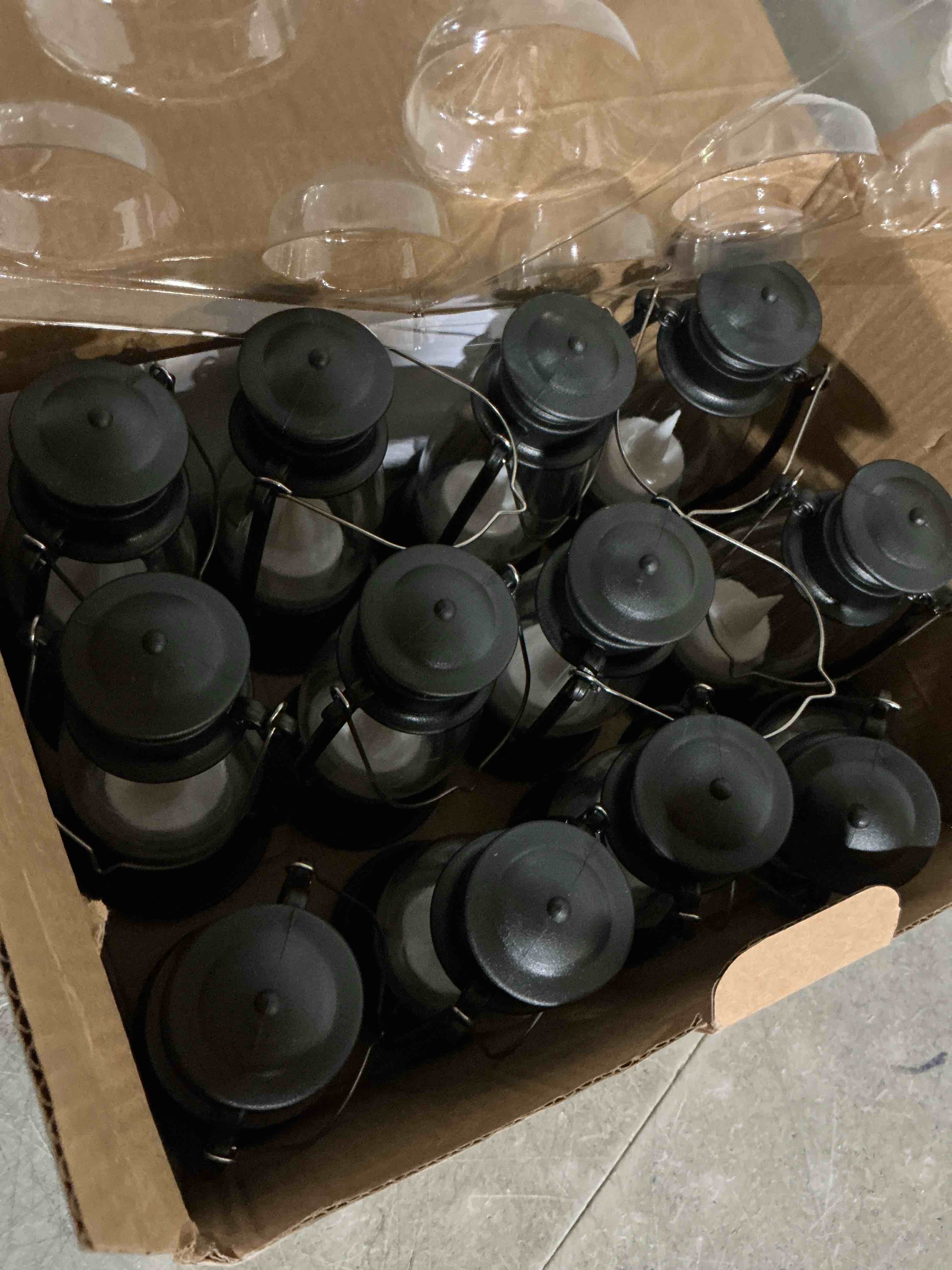 Condition photo showing New/Like New for 12pcs mini lantern for cowboy halloween christmas wedding, black 6" candle lantern with flickering led for camping western party decorations, table centerpiece, hanging lamp ornaments bulk black-12pcs