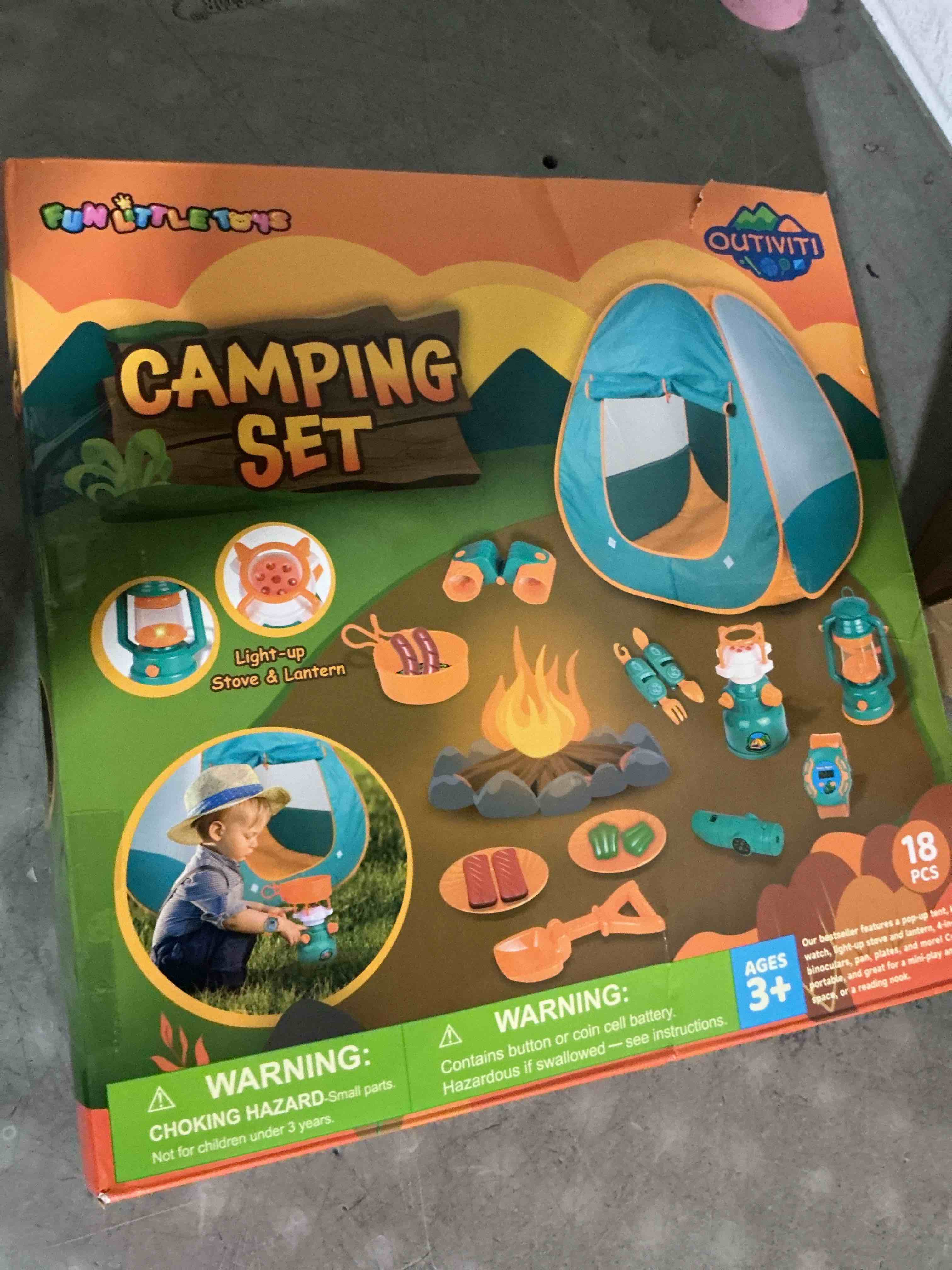 Condition photo showing New/Like New for fun little toys pop up play tent with camping gear and tools set, outdoor toys for kids green