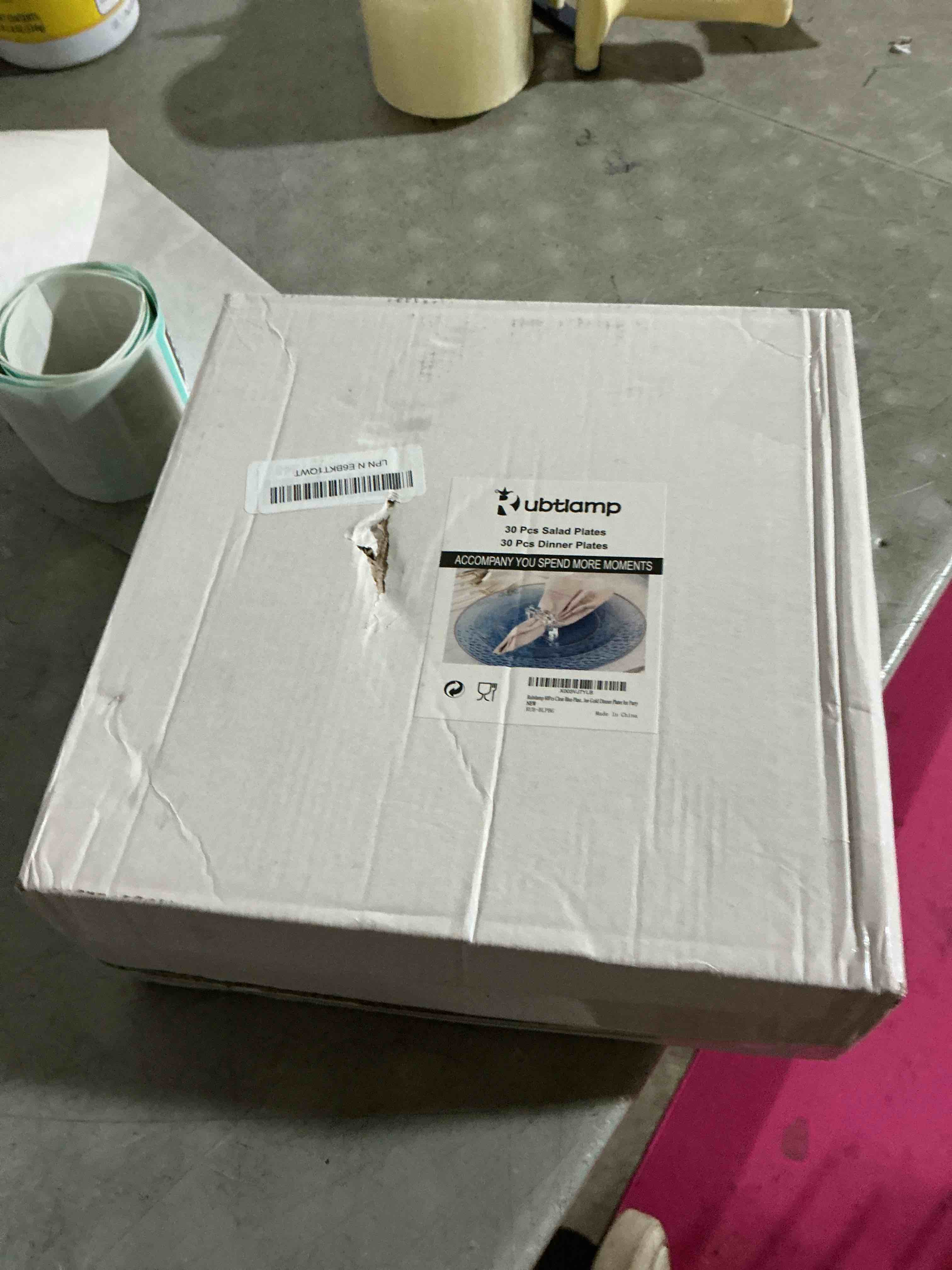 Condition photo showing As Is for rubtlamp 60pcs clear blue plastic plates, hammered blue plates, clear fancy disposable plates with gold rim include 30 dessert plates, 30 dinner plates for party clear blue gold
