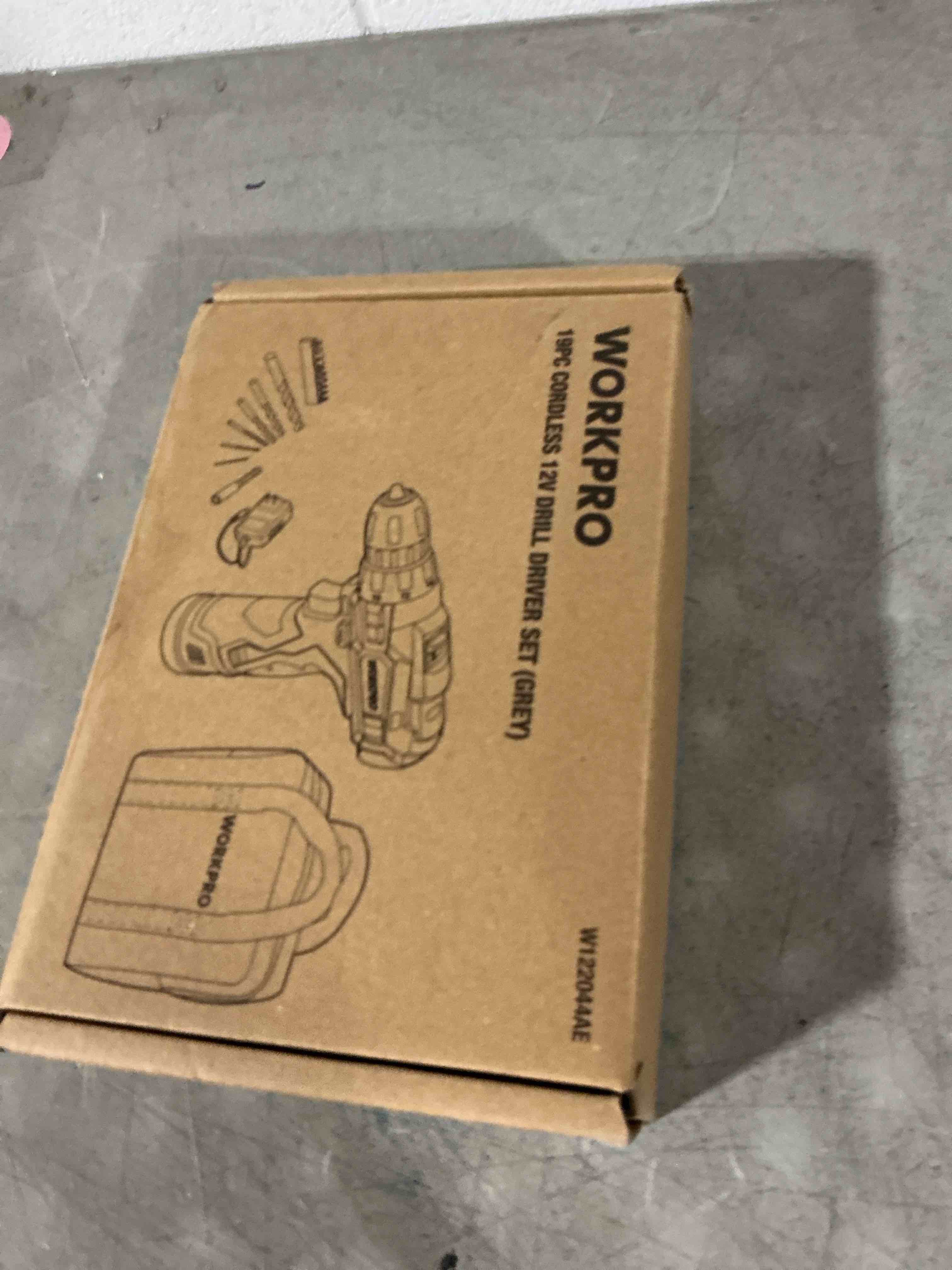 Condition photo showing Good Condition for workpro cordless drill driver kit, 12v electric screwdriver driver tool kit, 3/8" keyless chuck, charger and storage bag included