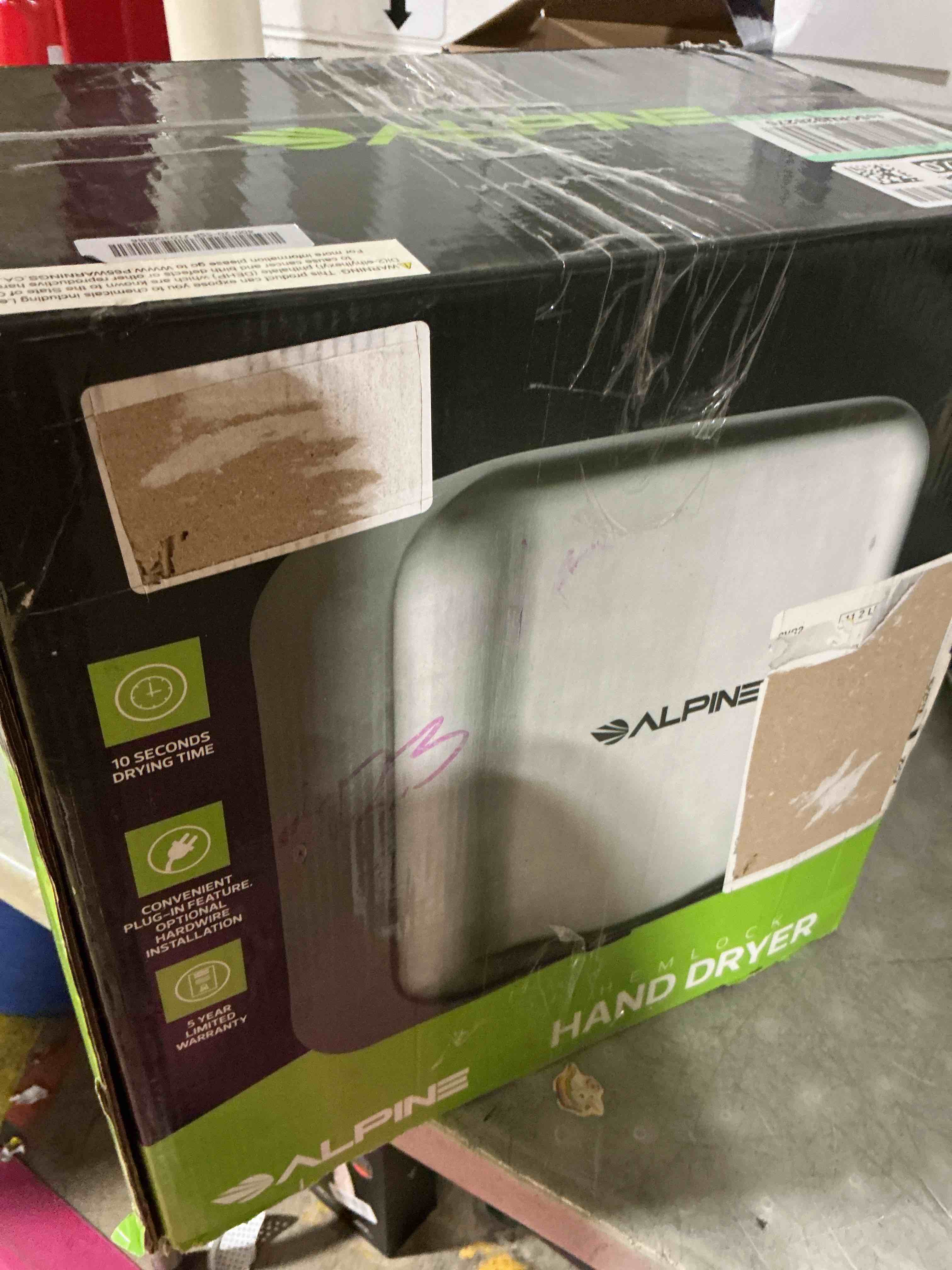 Condition photo showing As Is for (missing the cord) alpine commercial automatic hand dryer - high speed air hand dryer for home, restaurant, bathroom, and high traffic areas. 1800 watts / 220-240 volts (chrome)