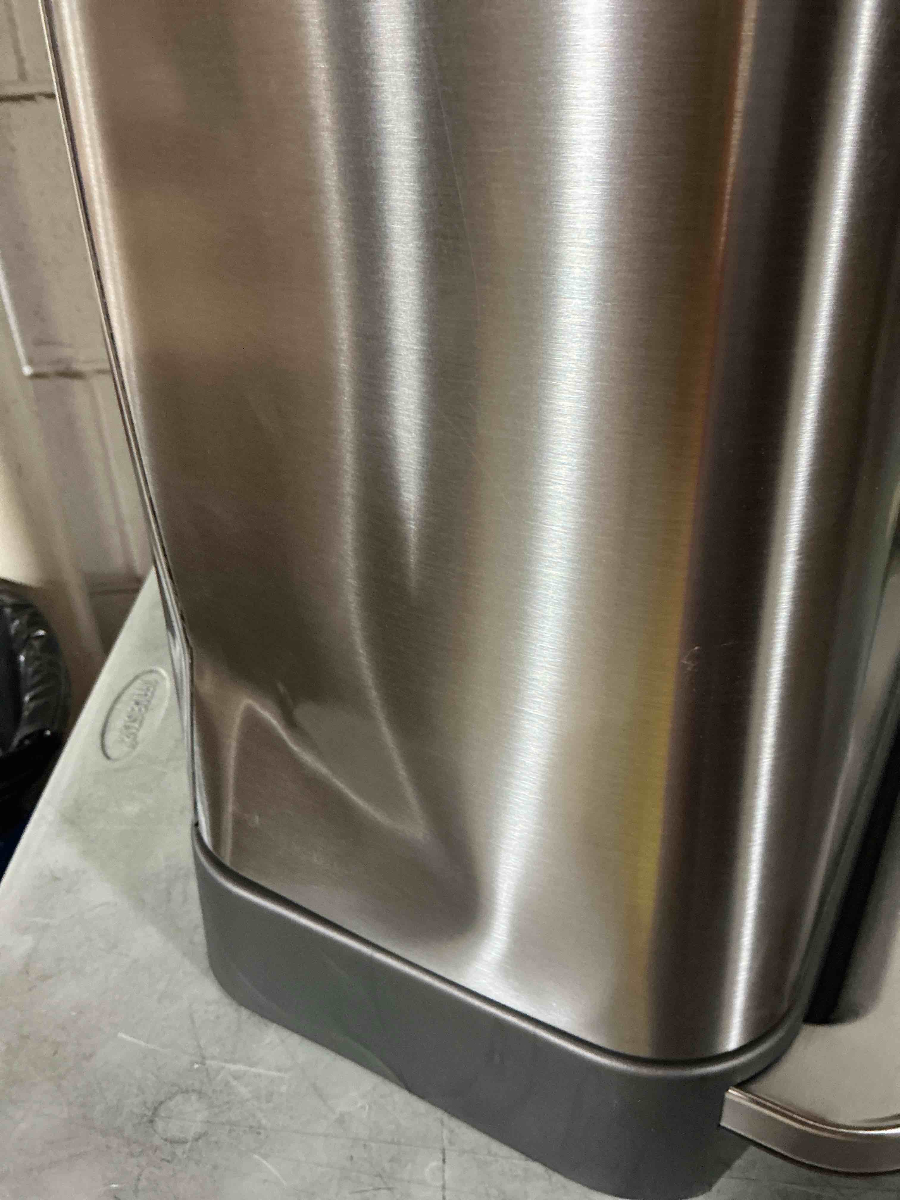 Condition photo showing As Is for (it has a dent) simplehuman 45 l metallic silver plastic/stainless steel rectangular trash can