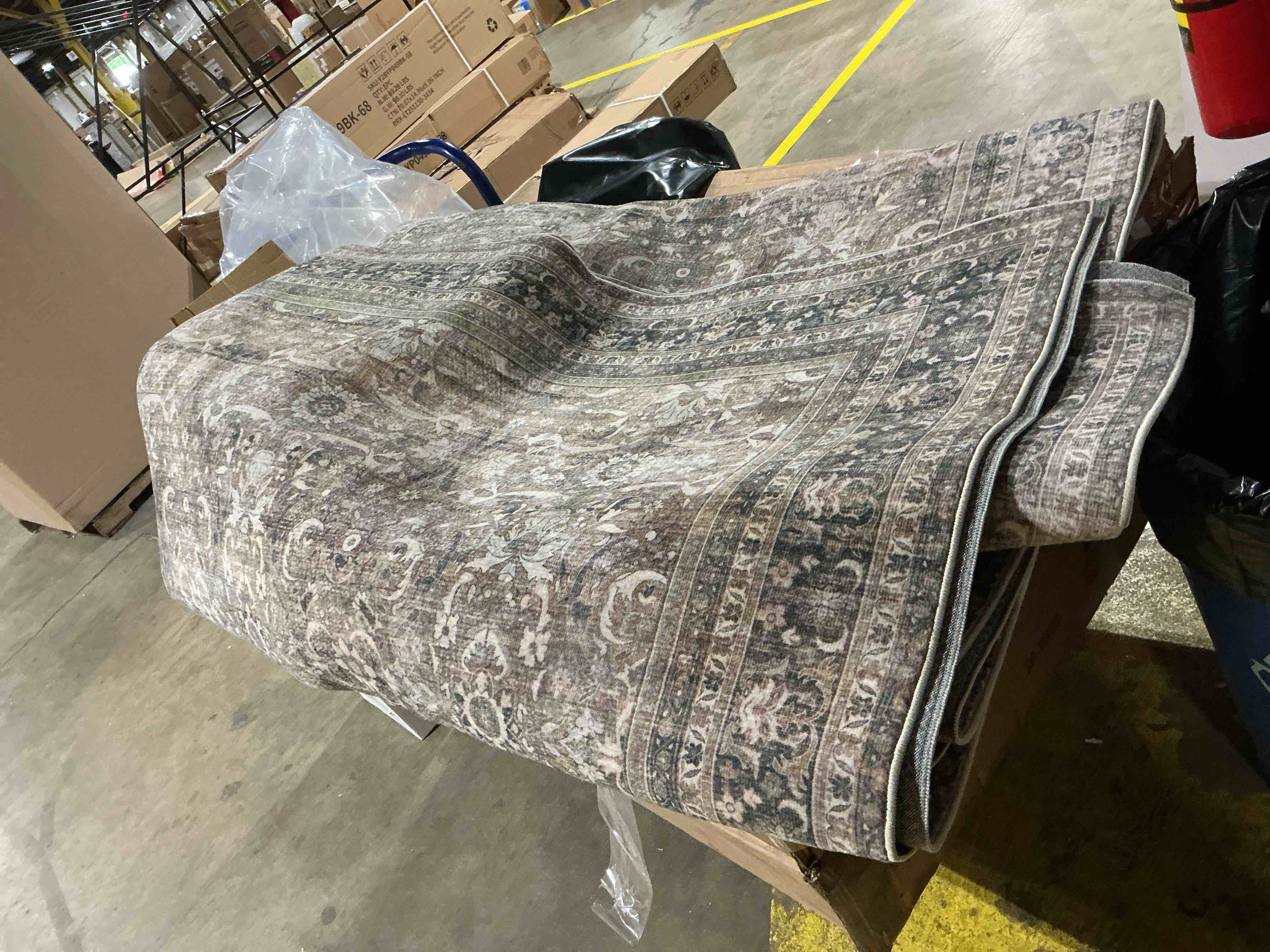 Condition photo showing Good Condition for (similar ) 9x12 brown vintage distressed washable area rug for living room | low pile, non slip, retro style, soft distressed large area rug for living room, bedroom, dining room, office, home decor