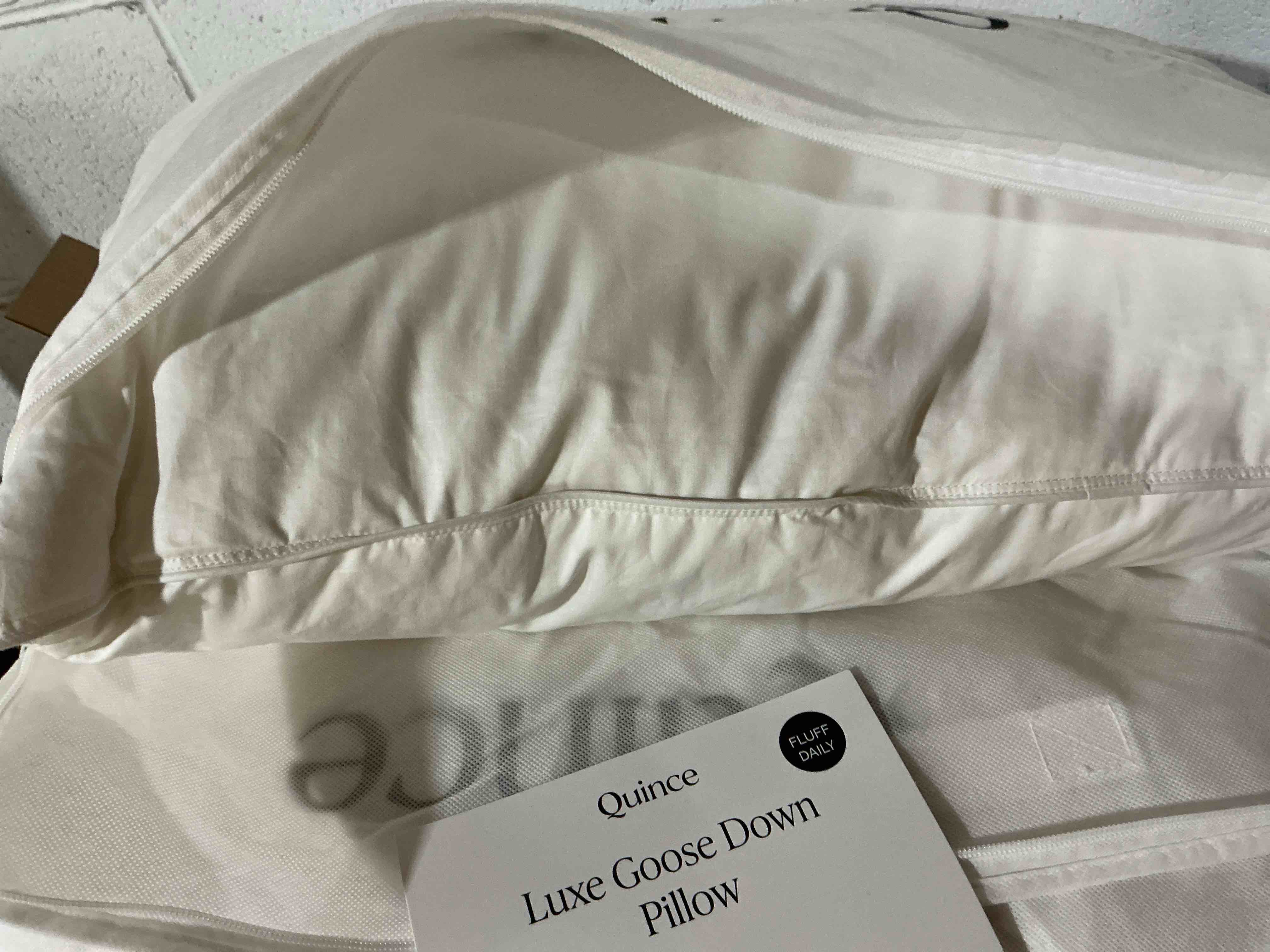 Condition photo showing Good Condition for quince  luxe goose down pillow  standard  soft/medium  750 fill power  300 thread count cotton sateen