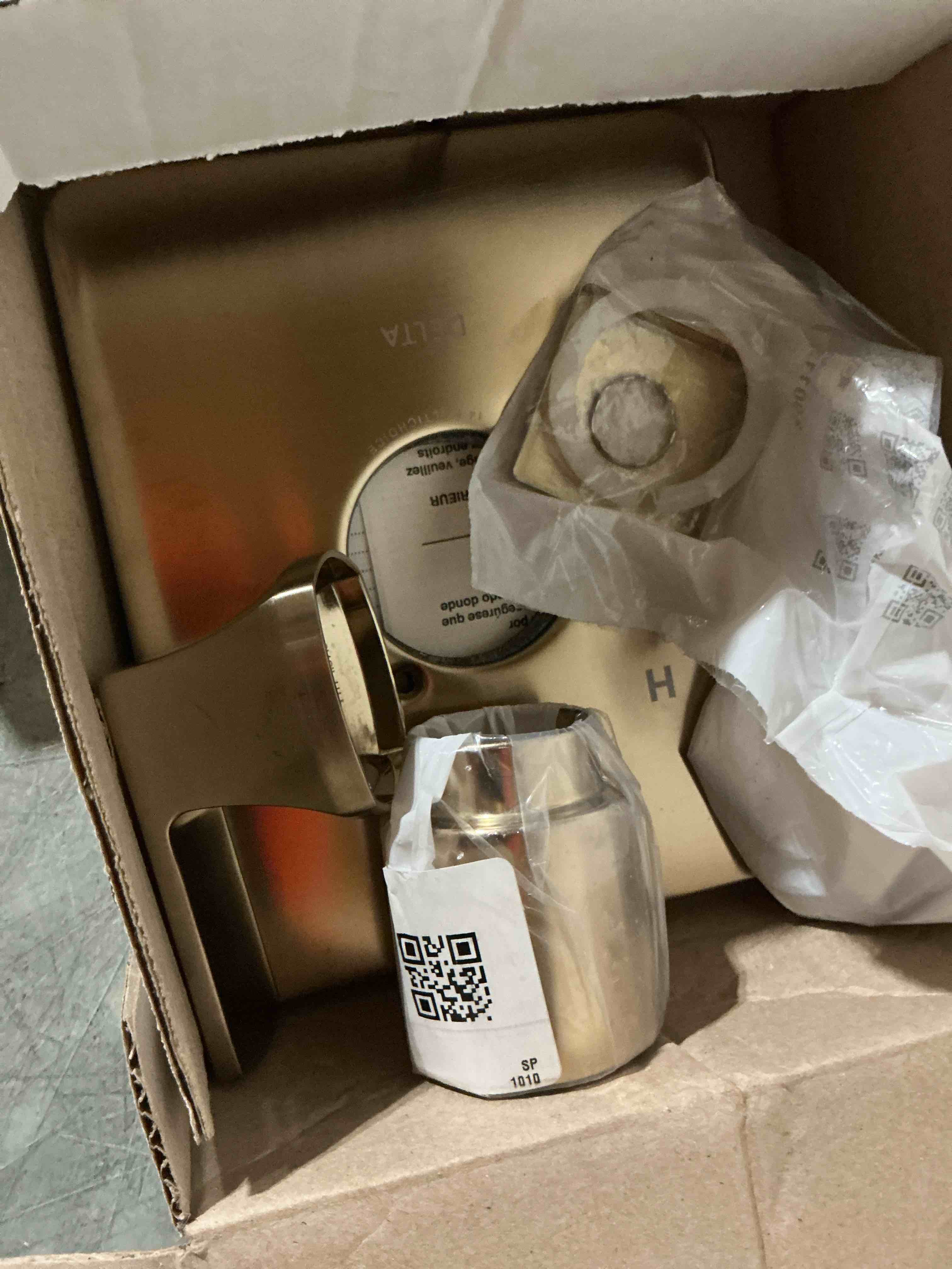 Condition photo showing As Is for (incomplete) delta faucet velum 14 series single-function gold shower valve trim kit, shower handle, delta shower trim kit, champagne bronze t14237-czlhd (shower head and valve not included)