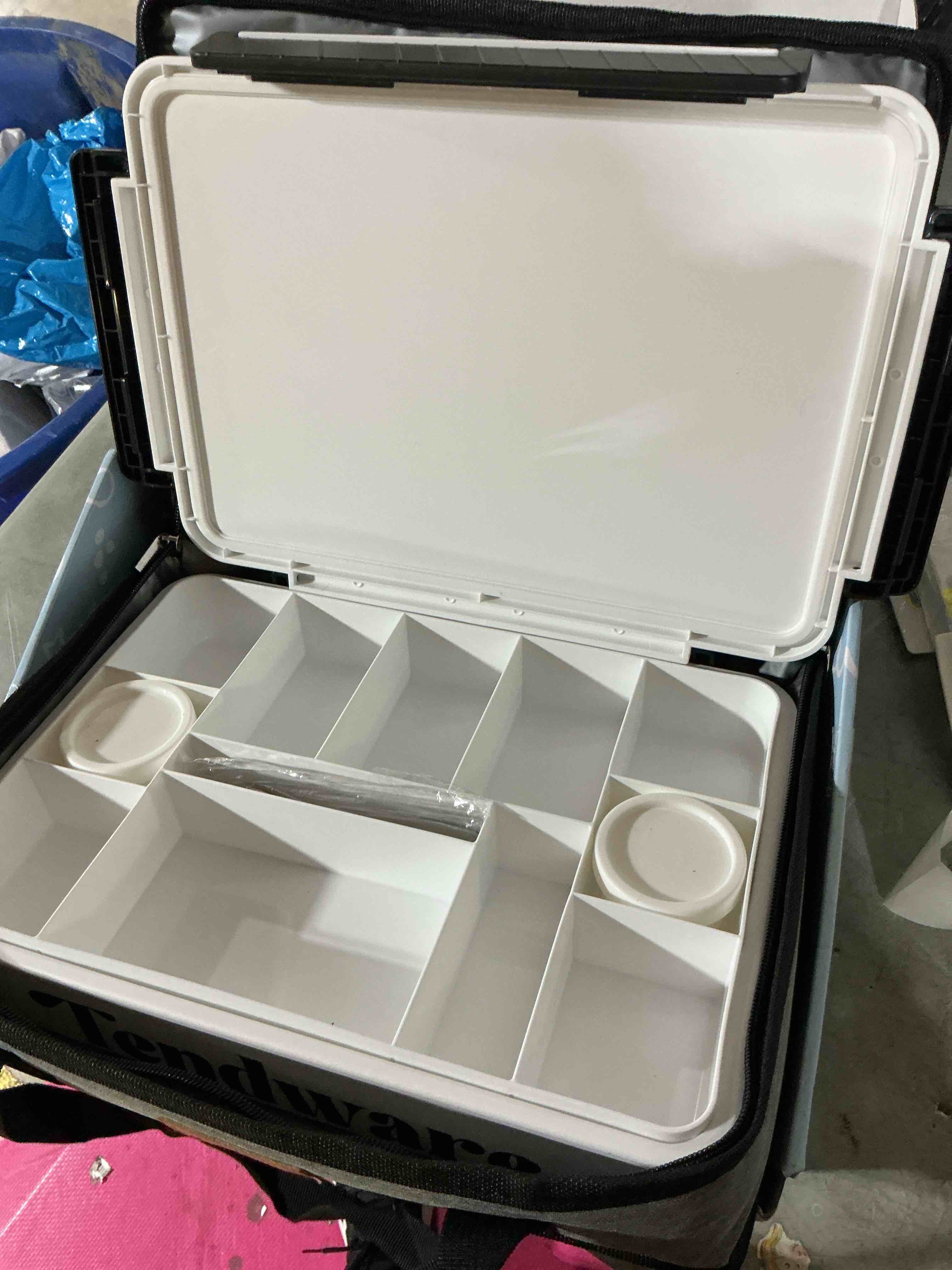 Condition photo showing Good Condition for chilled portable snackle box container, divided serving tray with insulated bag, beach essentials for summer, snack containers for road trip charcuterie snack picnic, white