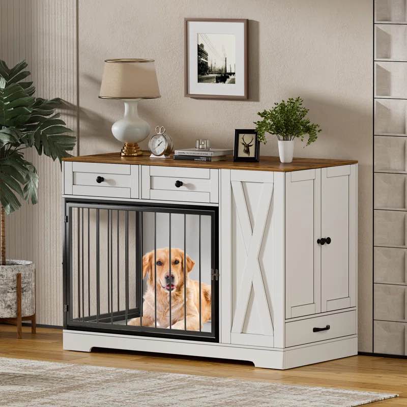 Gladine Dog Crate Furniture Kennel with Double Doors, Wooden Pet House with 2 Drawers and Pet Feeder Station Storage Cabinet