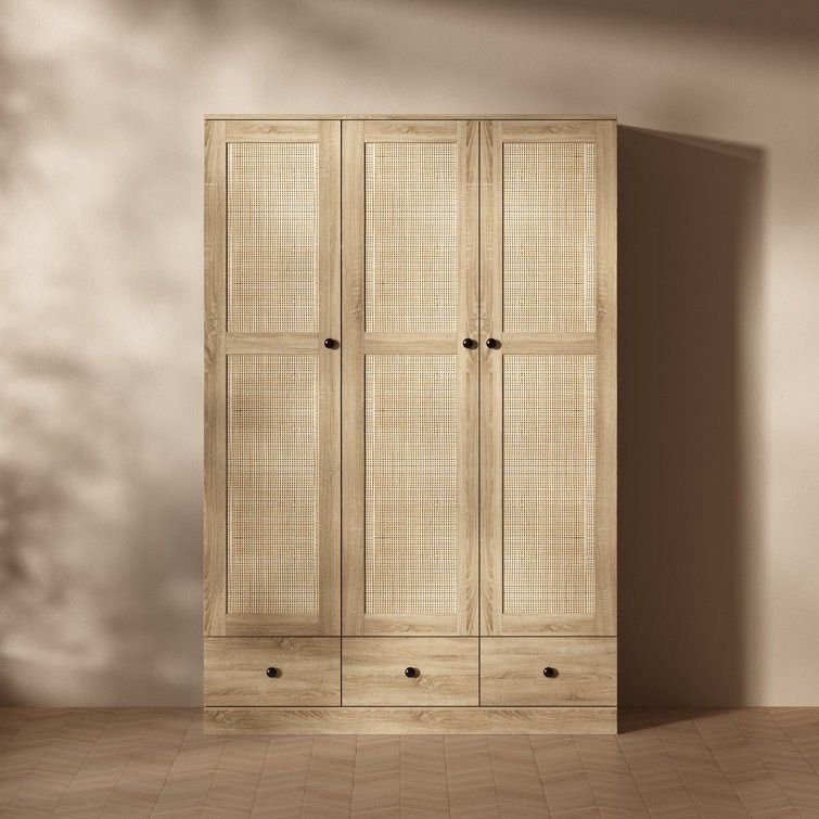 Modern 3-Door Wardrobe With Rattan Panels, Spacious Drawers, And Adjustable Shelving For Bedroom Organization