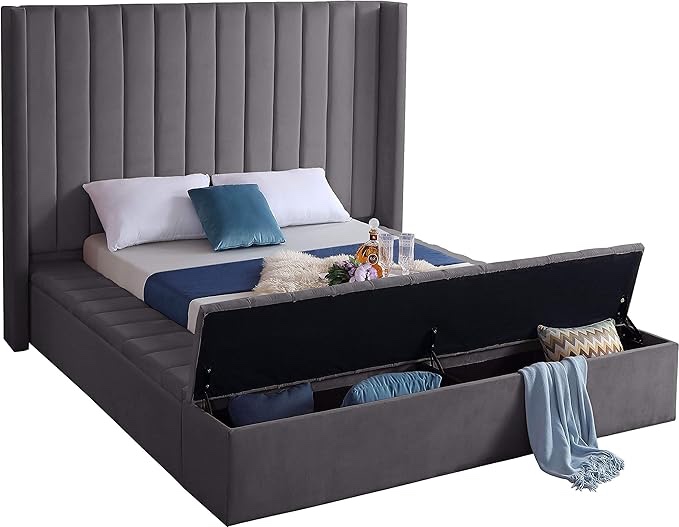 (incomplete) Meridian Furniture Kiki Collection Modern | Contemporary Velvet Upholsterd Bed with Channel Tufting, Siderails and Footboard Storage Compartments, Queen, gray