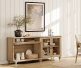 Sideboard Cabinet With 2 Glass Doors And 2 Open Shelves, Vintage Wood Grain Design, Buffet Cabinet With Storage, Coffee Bar For Dinning Room, Kitchen, And Living Room, Oak, 71 Inch