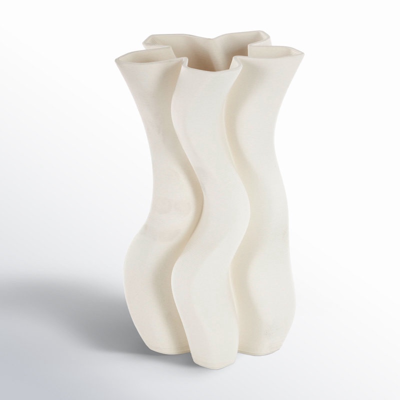 Bowers And Grey Ceramic Ribbed Dimensional Wavy Abstract Vase With Floral Shaped Rim