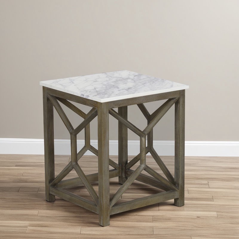 (incomplete) Kenberly Side End Table, 22 Inch Square White Genuine Marble Top, Sandblasted Washed Ash Gray Mango Wood Geometric Frame