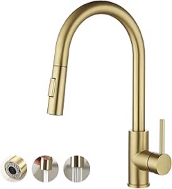 Pull Down Kitchen Sink Faucet - Stainless Steel Kitchen Faucet with Pull Down Sprayer with 3-Way Spray Settings (Stream, Spray, Pause) - Gooseneck Single Handle Faucet in Brushed Gold Finish