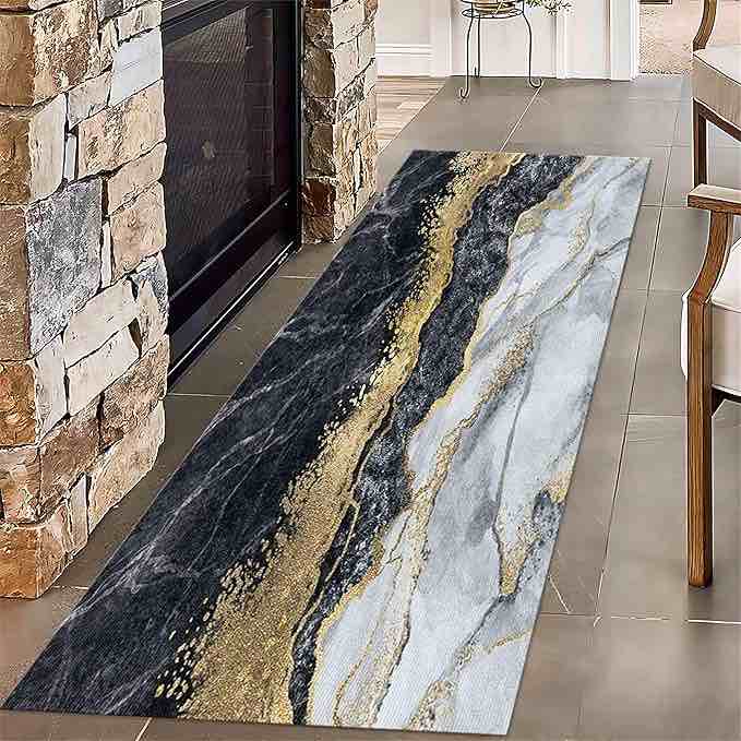 Black Gold White Marble Runner Rugs for Entryway, 3x10ft, Luxury Abstract Gold Foil Hallway Runner Rug, Breathable Washable Area Rug, Low Pile Durable Easy Clean Rugs for Office Dorm Indoor