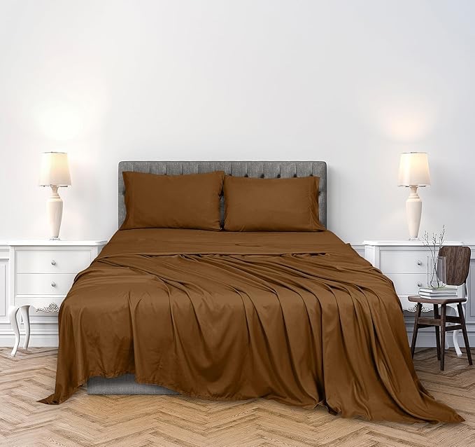 AVONLEIGH LINENS 300 Thread Count 100% Cotton Sheet - Chocolate - Full Sheet Set - 4 Piece Long Staple Combed Cotton Sheet, Breathable, Cool and Crisp Percale, Fits Mattress Upto 17" Deep Pocket
