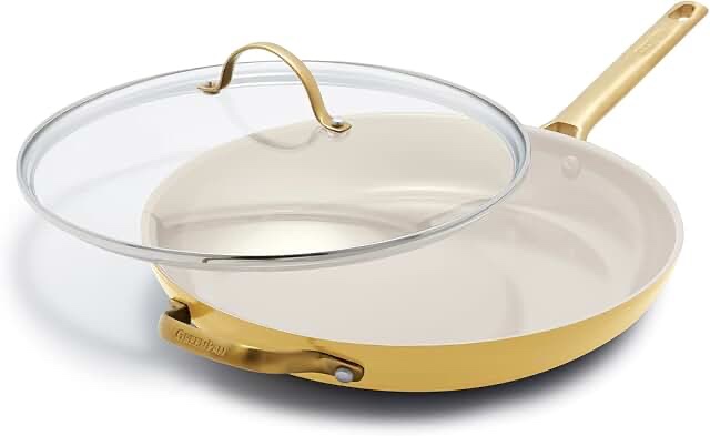 GreenPan Reserve Hard Anodized Healthy Ceramic Nonstick 12" Frying Pan Skillet with Helper Handle and Lid, Gold Handle, PFAS-Free, Dishwasher Safe, Oven Safe, Sunrise Yellow
