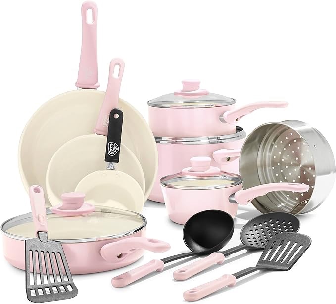 GreenLife Soft Grip Healthy Ceramic Nonstick 16 Piece Kitchen Cookware Pots and Frying Sauce Saute Pans Set, PFAS-Free with Kitchen Utensils and Lid, Dishwasher Safe, Soft Pink