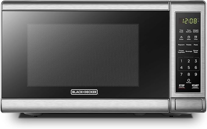 BLACK+DECKER EM720CB7 Digital Microwave Oven with Turntable Push-Button Door, Child Safety Lock, 700W, Stainless Steel, 0.7 Cu.ft