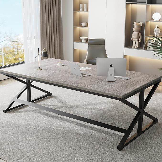 (incomplete) IBF Modern Large Office Desk, 70.8 Inch Long Wood Metal Computer Table, Industrial Double Workstation Desk for Two People, Rustic PC Executive Work Study Writing Computer Table for Home, Light Grey
