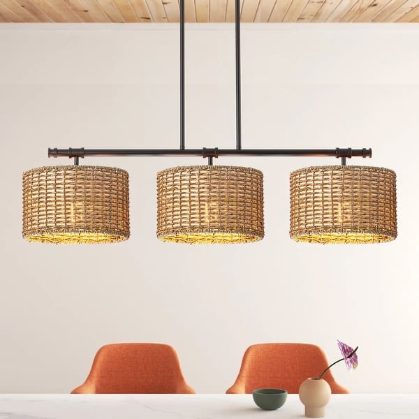 3-Light Modern Farmhouse Black Linear Drum Handwoven Rattan Pendant Light for Kitchen Island