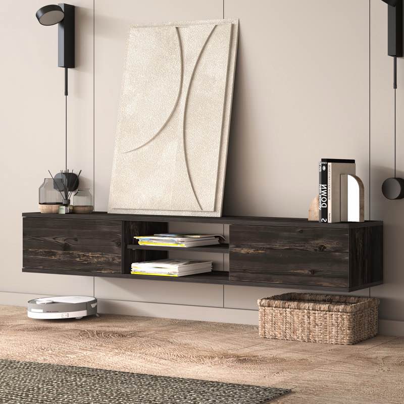 bella floating tv stand up to 80" tv's modern media by latitude run rustic black 