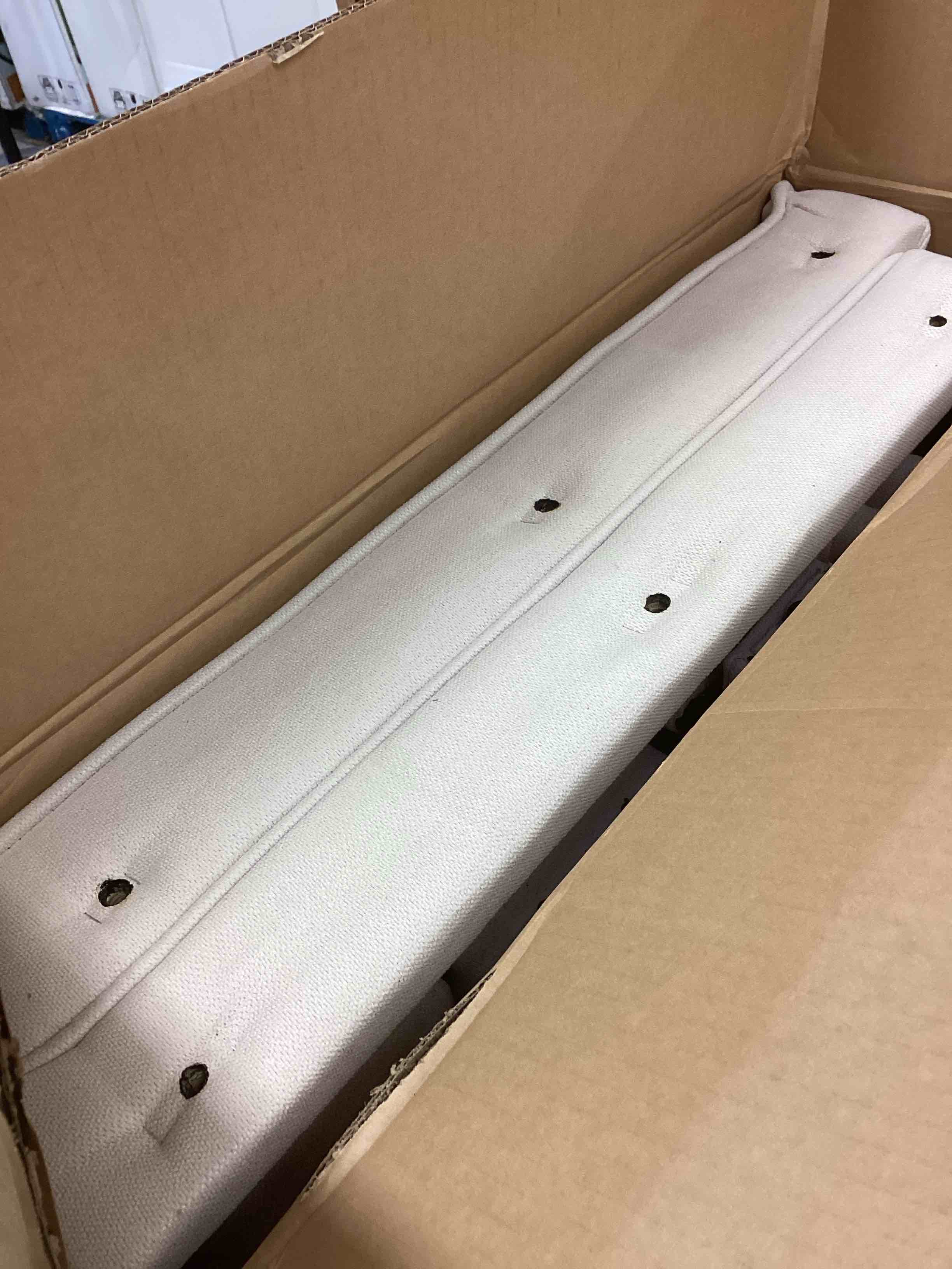 Condition photo showing As Is for (incomplete box 1/2) Beige Wood Frame Full Size Linen Upholstered Platform Bed with USB Ports and 2 Storage Drawers