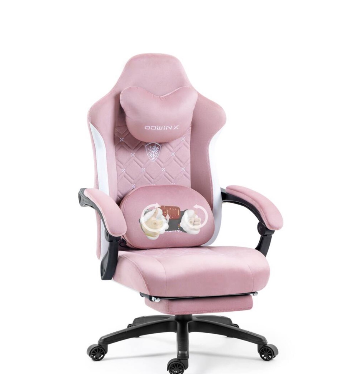 Dowinx - Gaming Chair Fabric with Heated Massage Lumbar Support, Big and Tall Ergonomic Game Chair for Adults with Footrest - Pink