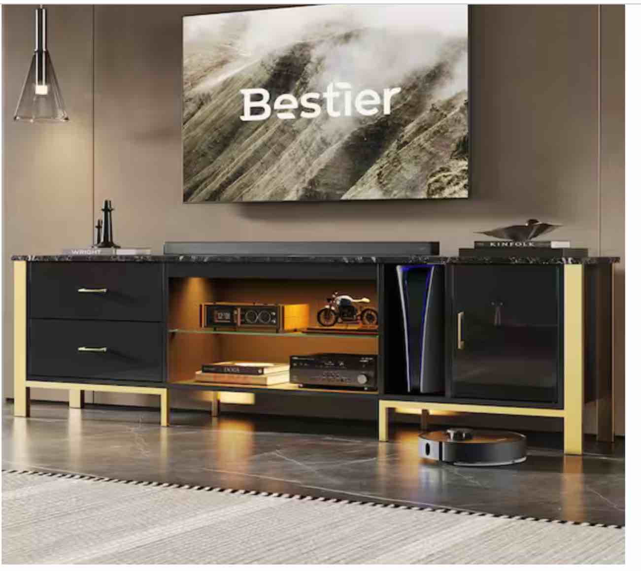 80 in. Modern High Gloss Black TV Stand for TVs Up to 85 in. LED Entertainment Center with Drawers and Cabinet