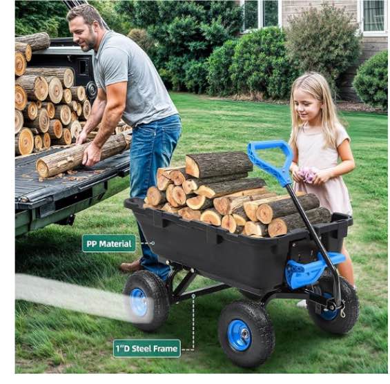 600lbs garden dump cart, heavy duty wheelbarrow dump wagon with 4 wheels&quick-release dumping, utility wagon carts for yard, farm and garden(blue)