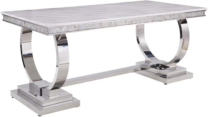 Acme Zander Dining Table in White Printed Faux Marble and Mirrored Silver Finish