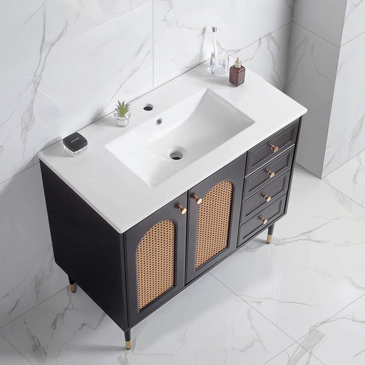 Charming Rattan Bathroom Cabinet with Ceramic Basin and Stylish Design Base Color: Black