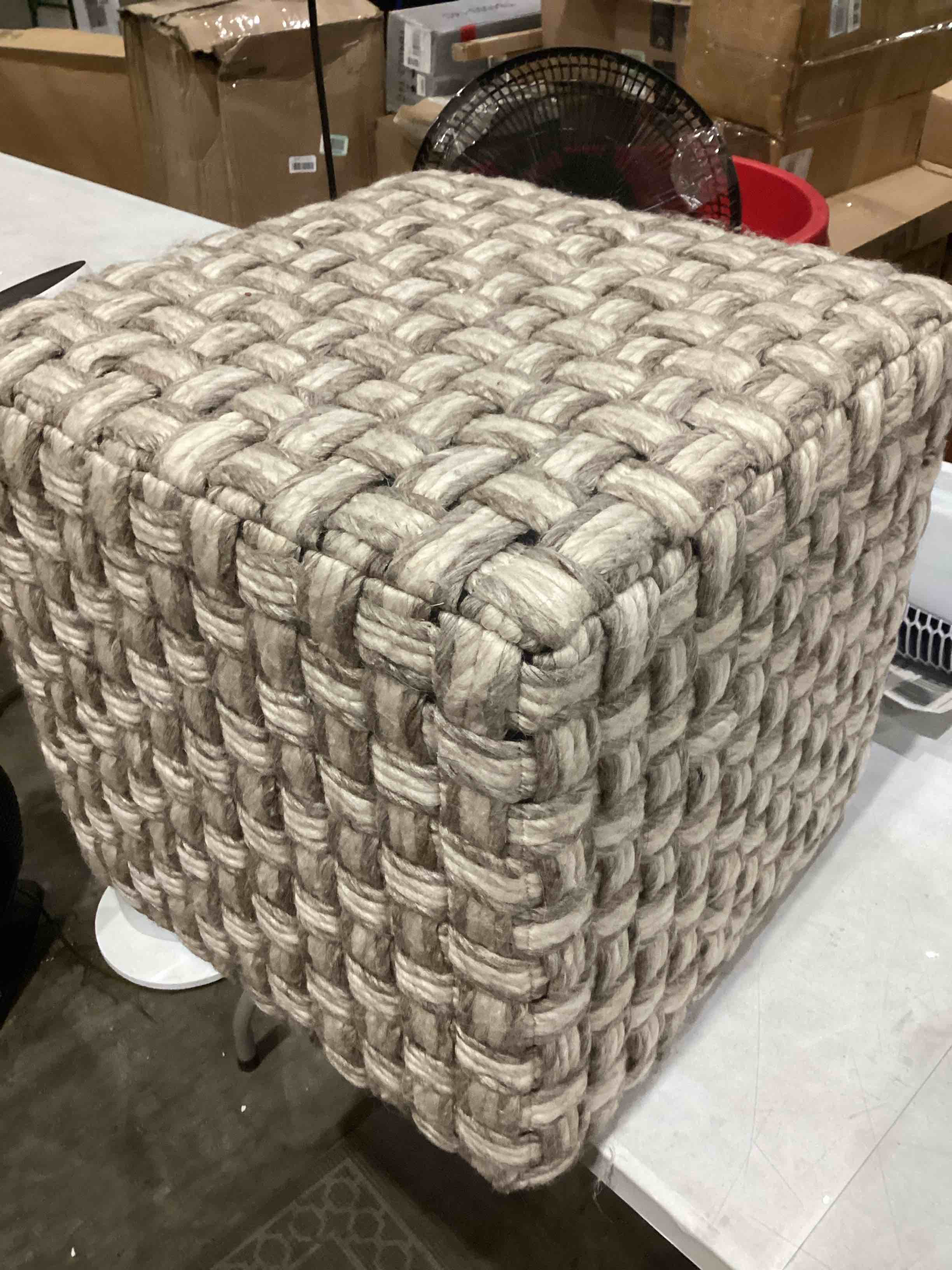 Tiwari Home 18" Gray and Beige Basket Weave Patterned Wool Cube Pouf Ottoman