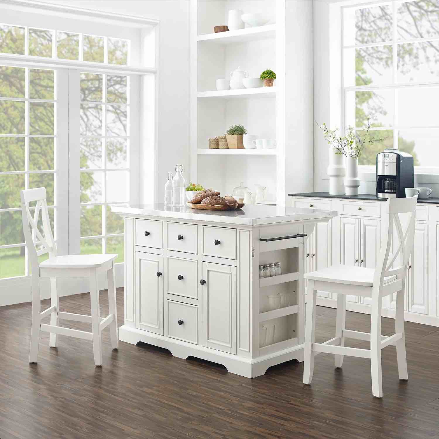 Crosley Furniture Julia Stainless Steel Top Island With 2 White Chairs